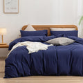Bestouch Duvet Cover Set 100% Washed Cotton Linen Feel Super Soft Comfortable Chic Lightweight 2 Pcs Home Bedding Set Solid Navy