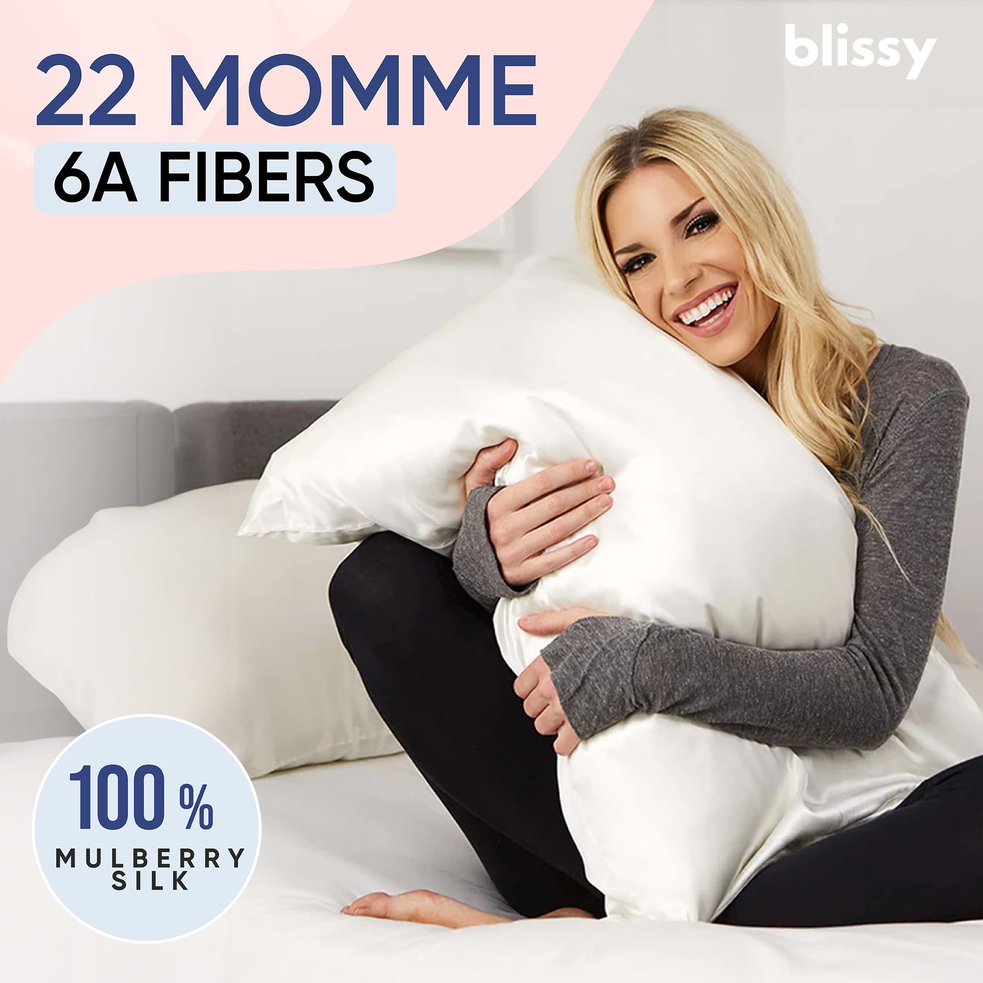 BLISSY Silk Pillowcase - 100% Pure Mulberry Silk, 22 Momme - Standard/Queen/King Size, White, Hidden Zipper, Moisture Wicking