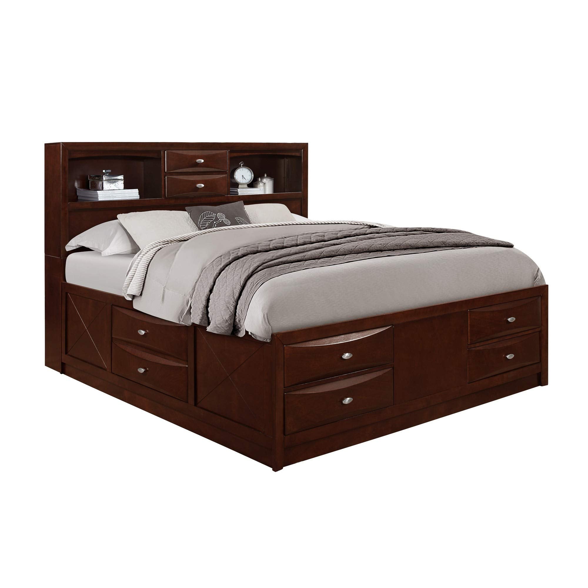 HomeRoots Solid Wood Queen Merlot Eight Drawers Bed