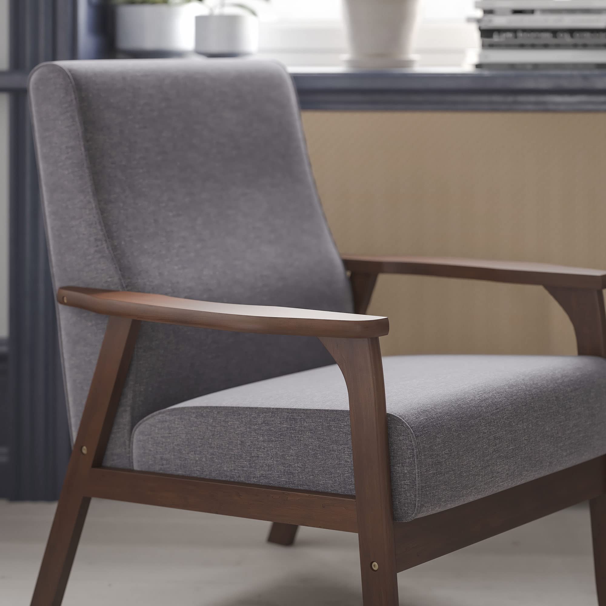 Flash Furniture Langston Commercial Mid Century Modern Chair - Gray Faux Linen Upholstery - Walnut Finish Wooden Frame and Arms - Extra Supportive Sinuous Springs