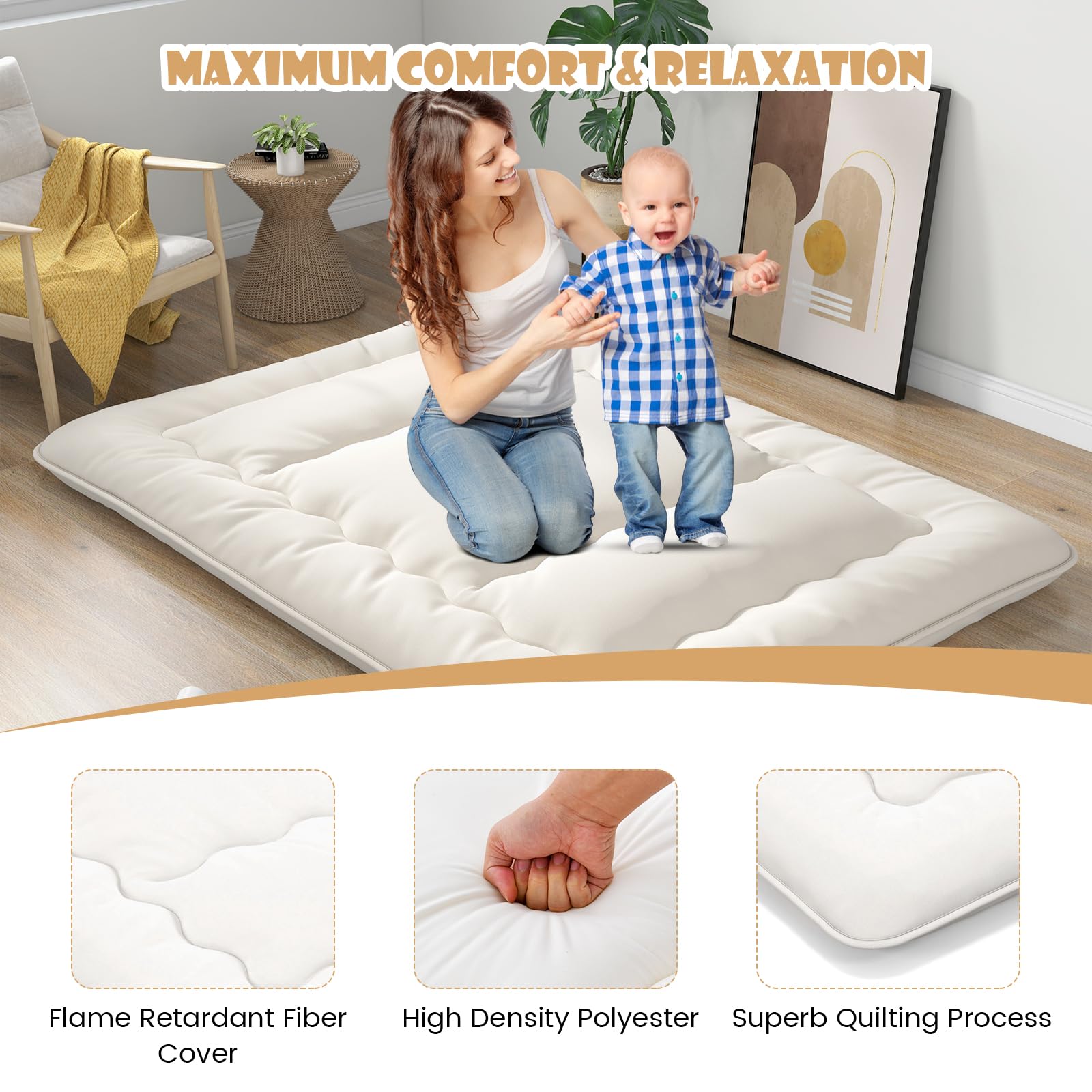 Giantex Japanese Floor Mattress Futon Mattress, Roll Up Mattress Tatami Mat With Washable Cover And Carry Bag, Foldable & Portable Sleeping Pad For Dormitory Camping, Floor Lounger Bed, Queen