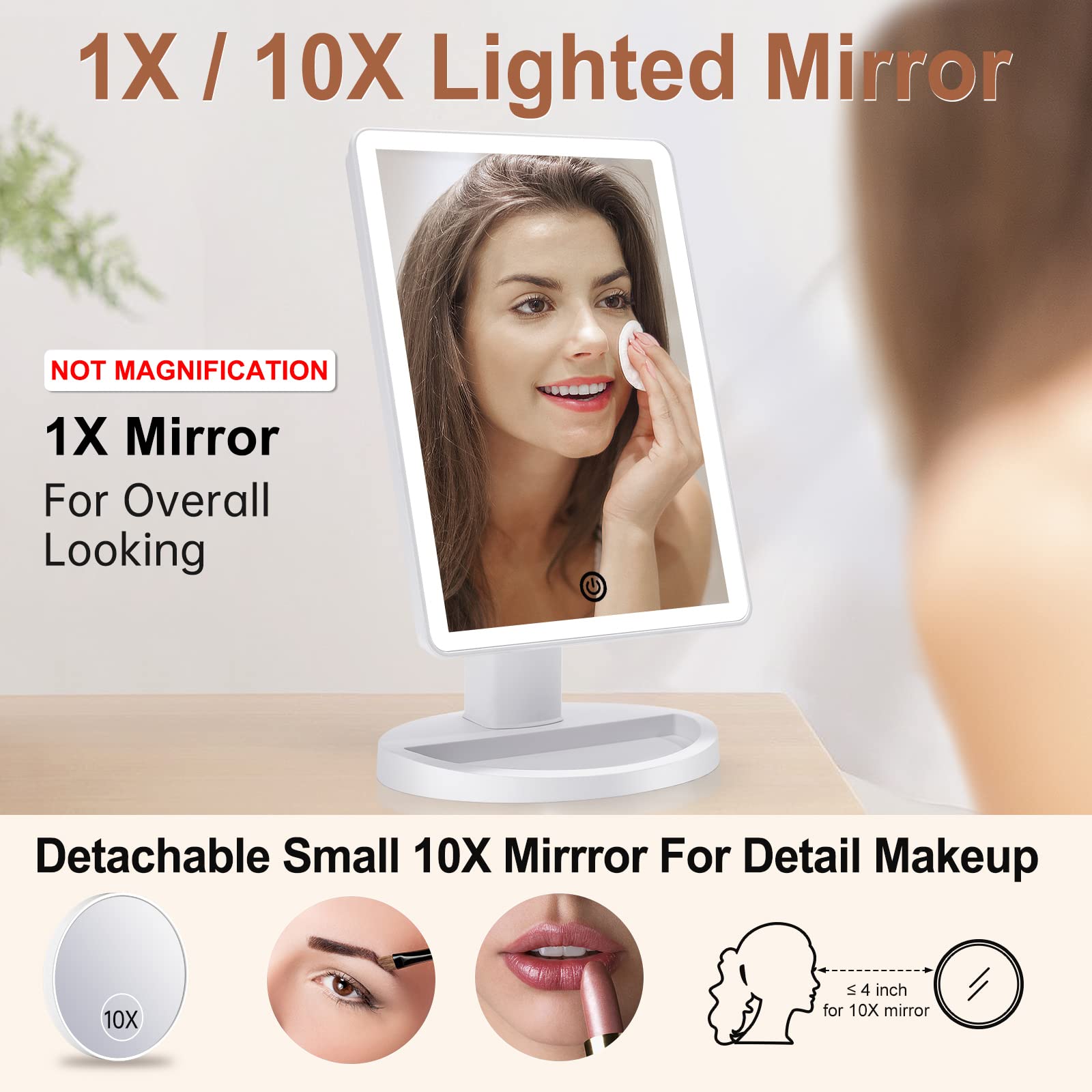 Cosmirror Makeup Vanity Mirror With 3 Color Lighting, Lighted Makeup Mirror With 72 Led Lights And 10X Magnifying Mirror, Dual P