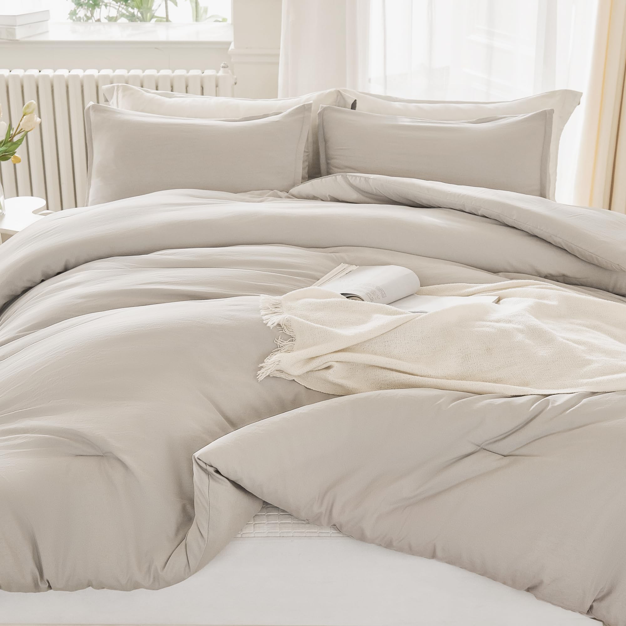 Litanika Linen Grey Comforter Set Queen Size, 3 Pieces Lightweight Solid Bedding Comforter Set, All Season Fluffy Bed Set (90X90
