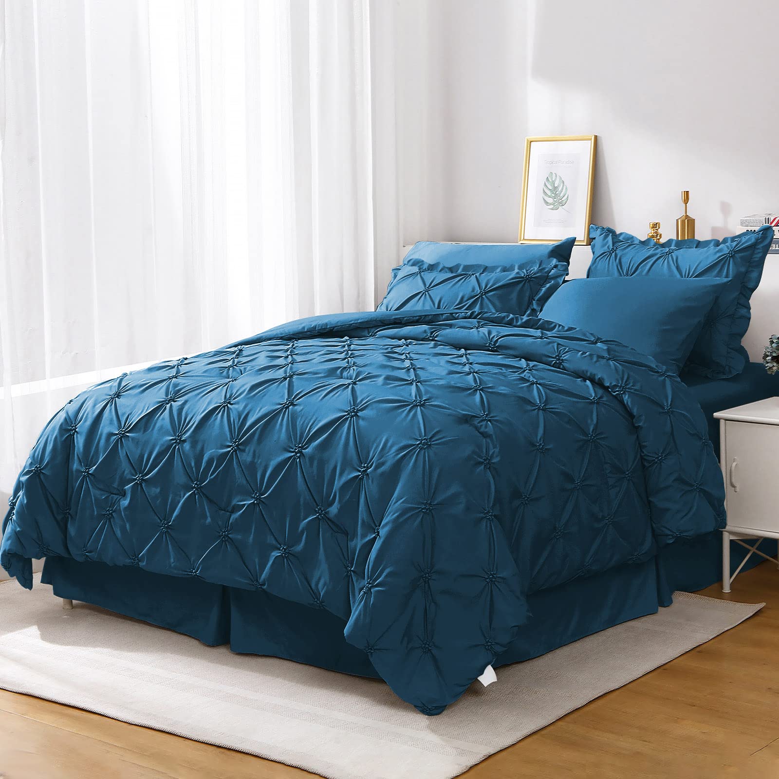 Jollyvogue Teal Full Size Comforter Sets 7 Pieces, Pintuck Bed In A Bag Comforter Set For Bedroom, Bedding Comforter Sets With C