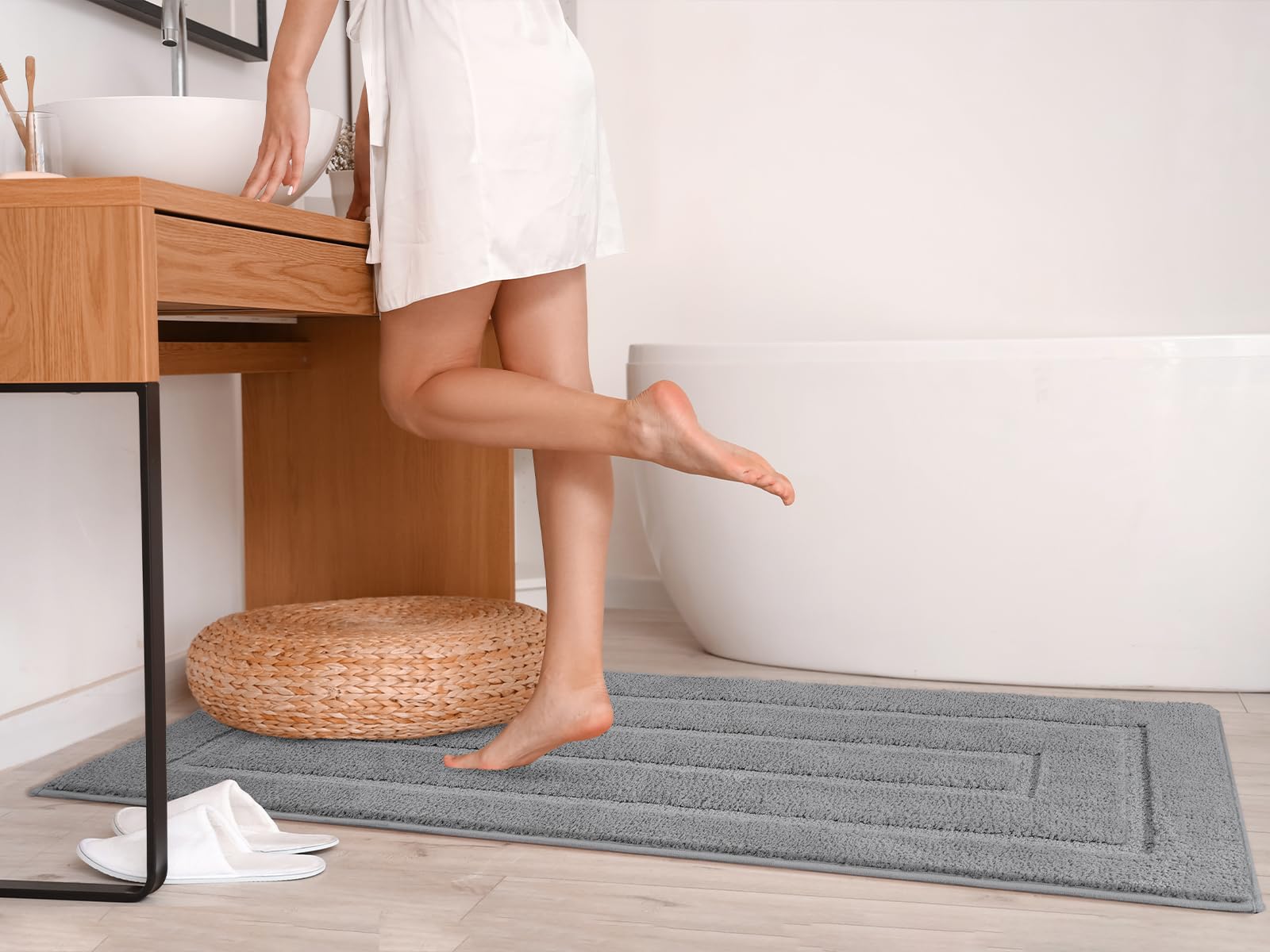 Homore 24X70 Inch Long Bathroom Rug, Grey Absorbent Microfiber Bathroom Runner Rug, Tpr Backing Non Slip Bath Rug For Bathroom,