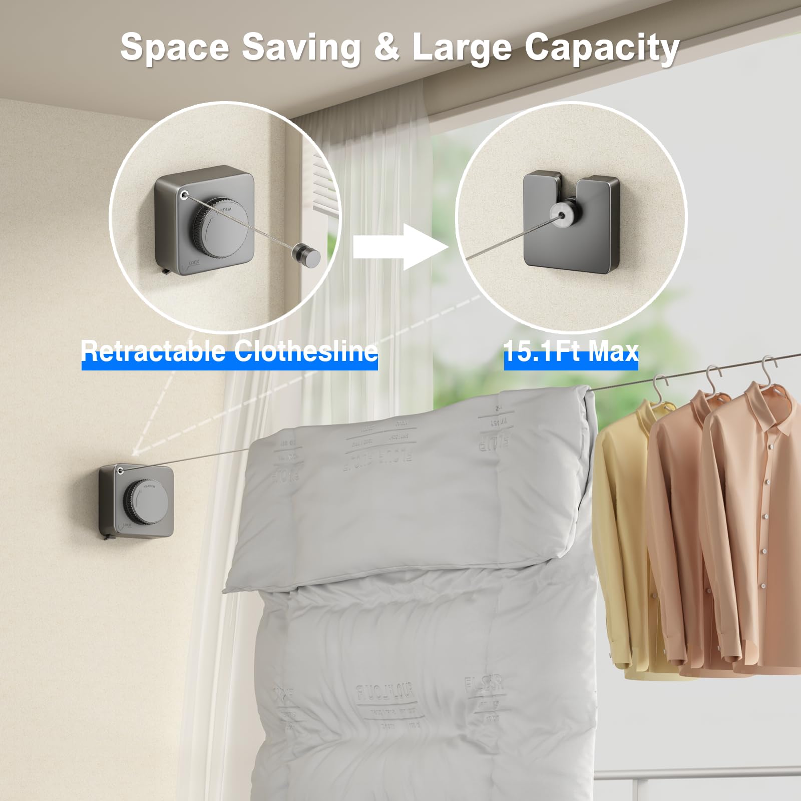 Mustorn Retractable Clothesline, Heavy Duty 15.1 ft, Indoor/Outdoor, Wall Mounted, Gray, Model LYS