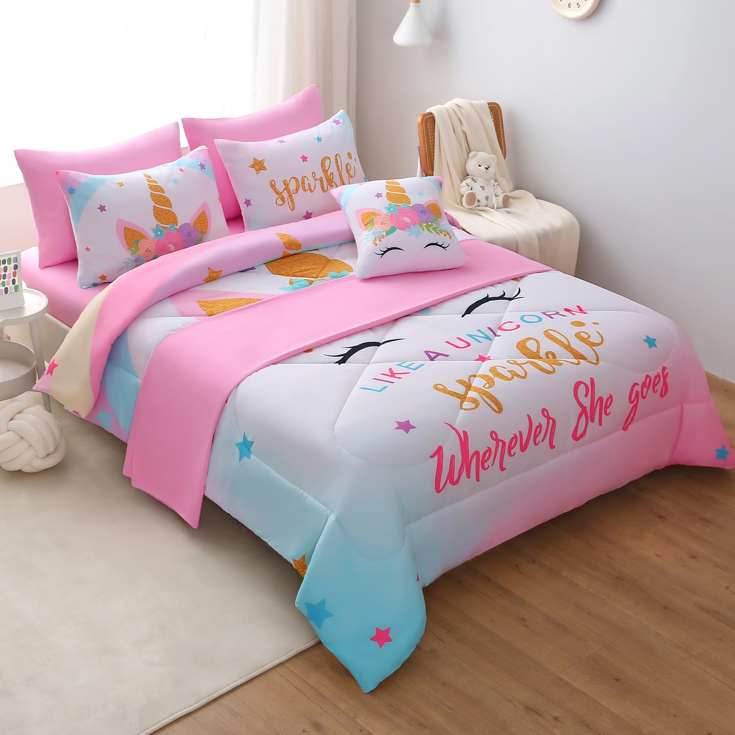Jqinhome Unicorn Full Bedding Sets For Girls Kids,8 Piece Bed In A Bag 3D Colorful Flower Girl Unicorn Comforter Set With Sheet Set(Sparkle)