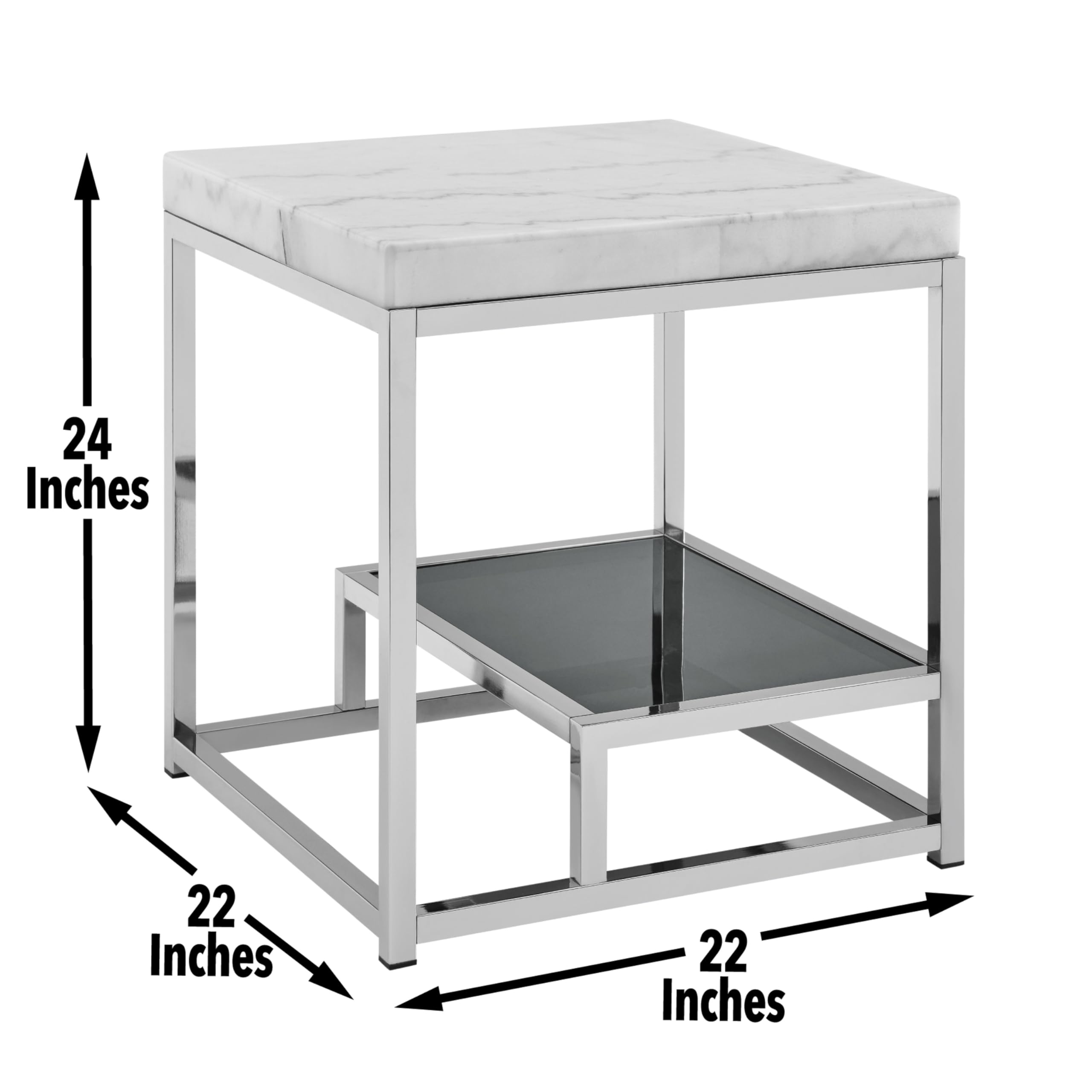 Steve Silver Company Aston End Table, Modern/Contemporary/Eclectic, White Marble Veneers, Tempered Black Glass, Side Table/Night Stand, 22" D x 22" W x 24" H, White
