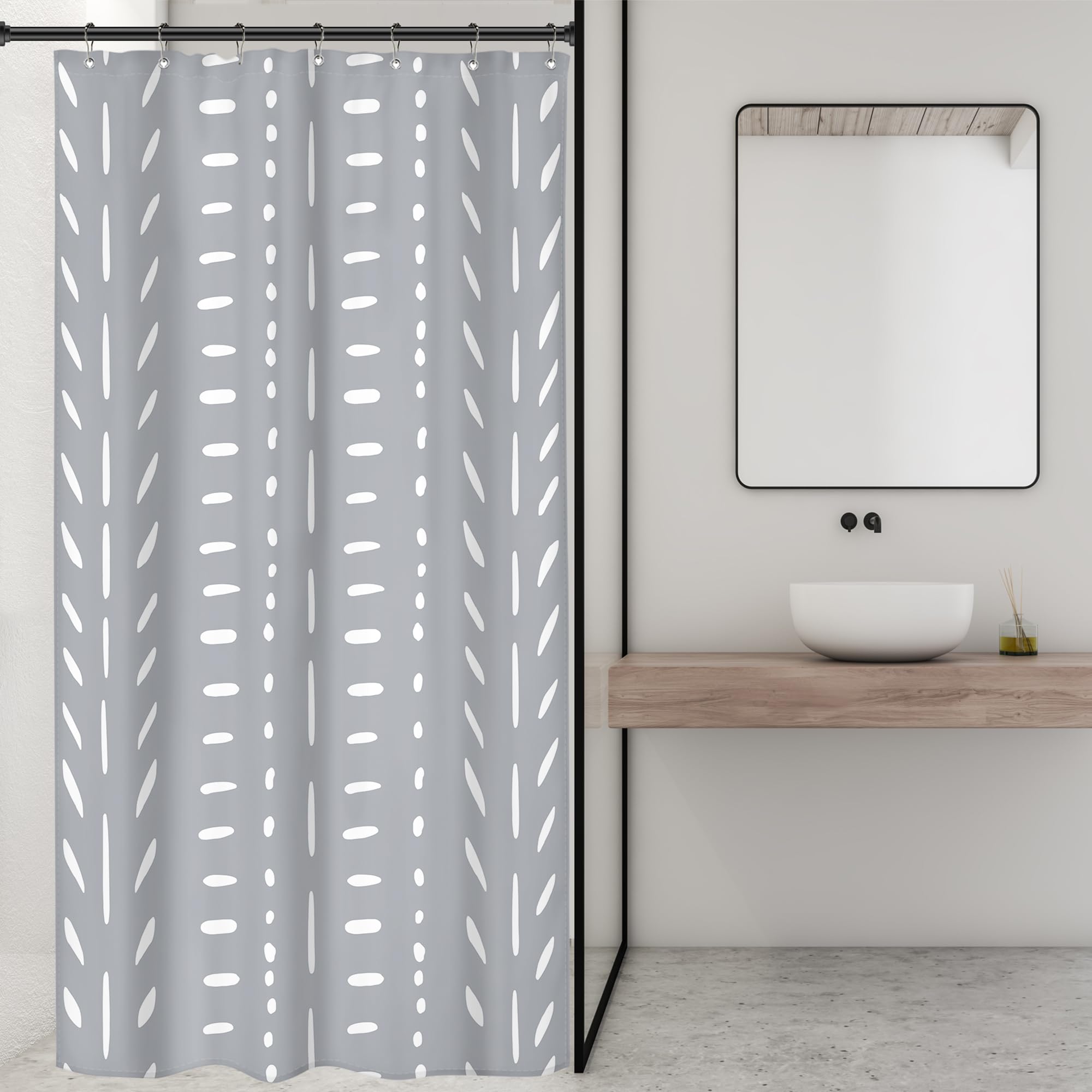 Riyidecor Stall Small Boho Gray Half Size Shower Curtain Chevron Herringbone Striped Geometric 36Wx72H Inch Single Narrow Tiny W