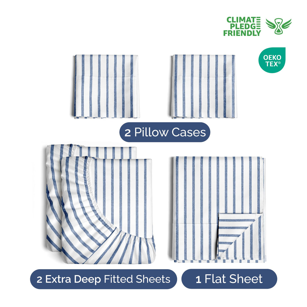 Extra Deep Pocket Split King Sheets - 5 Piece Breathable & Cooling Bed Sheets - Hotel Luxury Bed Sheet Set - Soft, Wrinkle Free & Comfy - Easily Fits Extra Deep Mattresses - Blue Striped Sheets Set