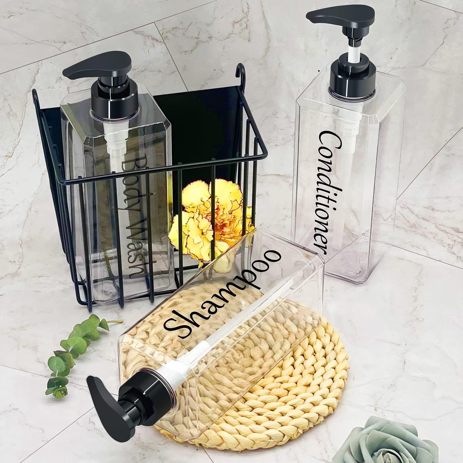 CIRACO Shampoo and Conditioner Dispenser Set of 3 - 27oz Clear Plastic Bottles for Shower, Refillable Body Wash Containers
