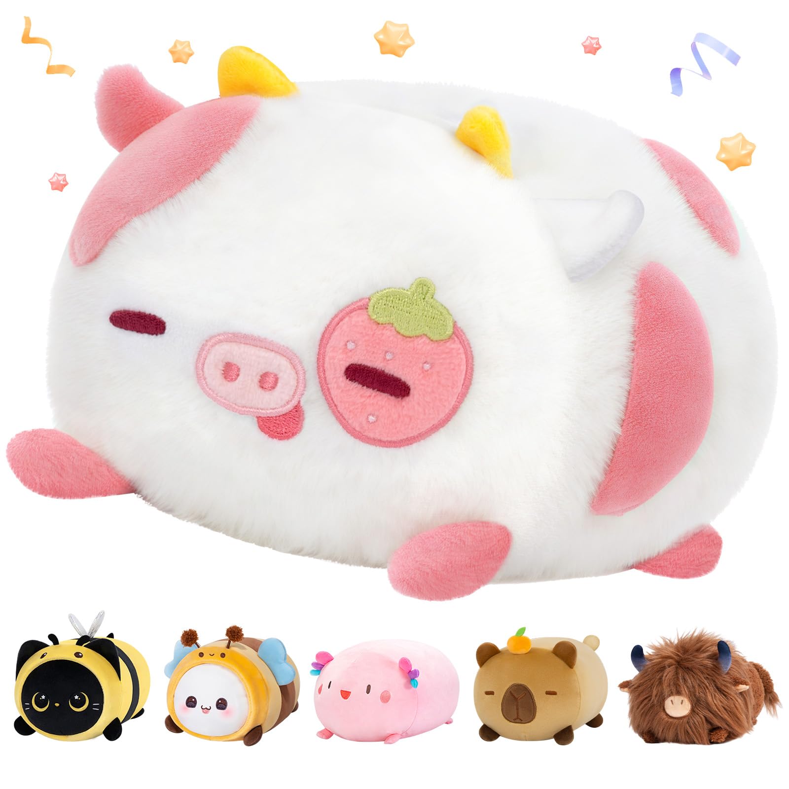 Mewaii Strawberry Cow Plush Pillow, Kawaii Cow Stuffed Animals, Cute Plushies For Girls, Soft Pink Cow Plush, Birthday Gifts For