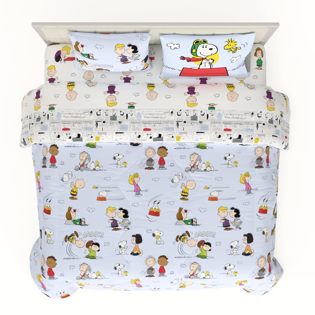 Franco Collectibles Peanuts 7 Piece King Comforter and Sheet Set Microfiber Blue