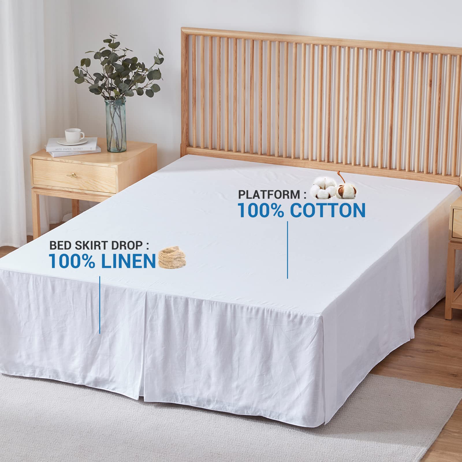 Simple&Opulence Premium Linen Bed Skirt Basic Style 18 Inch Tailored Drop Dust Proof Easy Fit Breathable (18'' Basic-White, King