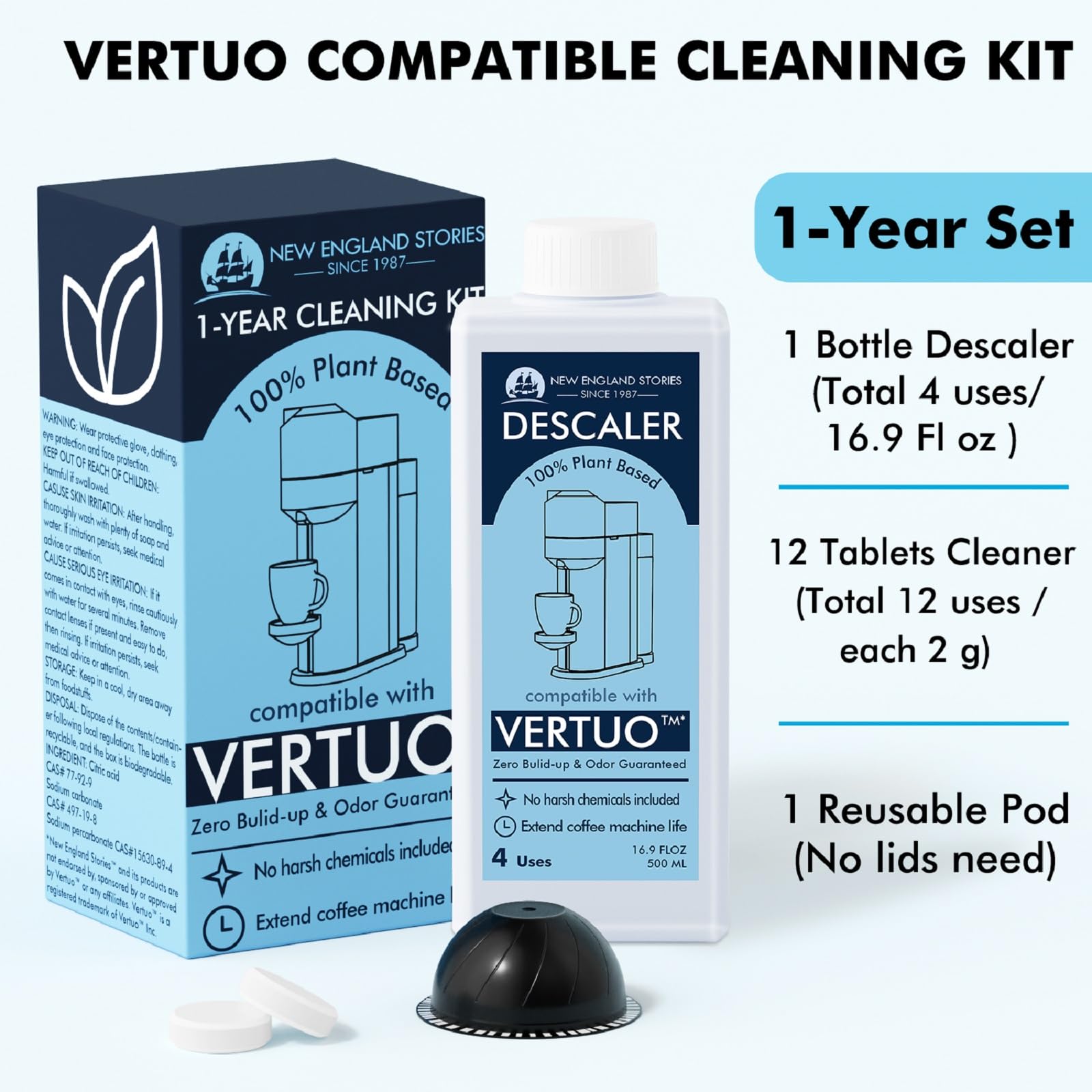 New England Stories Descaling Kit for Nespresso Vertuo - 16.9 Fl Oz, Includes Reusable Pod & 12 Cleaning Tablets, Odorless Solution