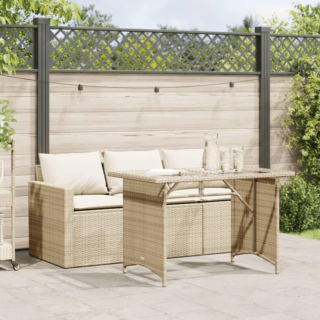 vidaXL Beige Poly Rattan 2-Piece Garden Dining Set - Includes 3-Seater Sofa, Table with Tempered Glass Top, Cream White Cushions