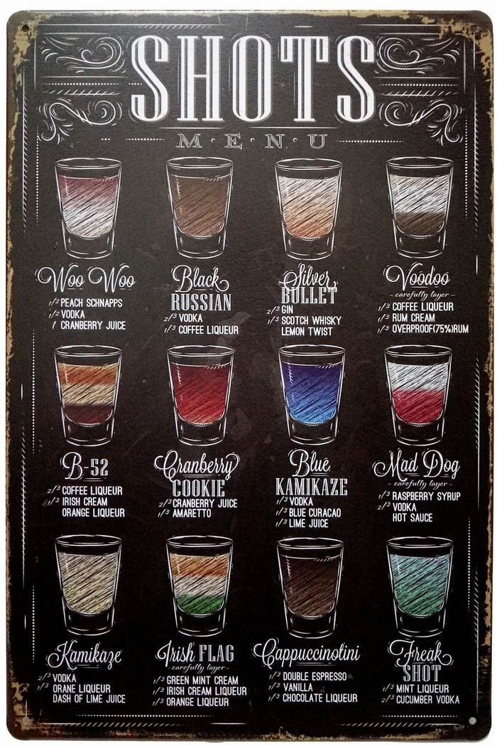 ERLOOD Shots Menu Retro Vintage Bar Metal Tin Sign Poster Ptyle Wall Art Pub Bar Decor 12 X 8