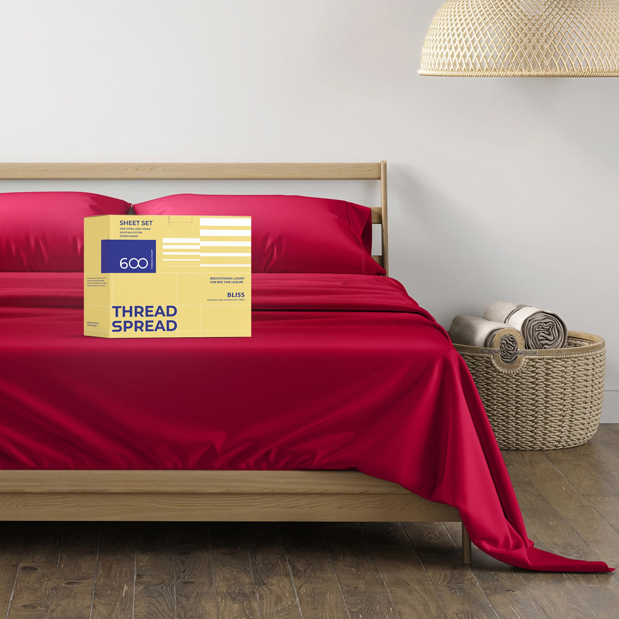 Thread Spread 100% Egyptian Cotton Sheets Full Size - 600 Thread Count Sheets 4 Pc 16' Deep Pocket Full Size Sheets Set, High Thread Count Soft Cooling Sateen Weave Hotel Luxury Sheets Set - Red