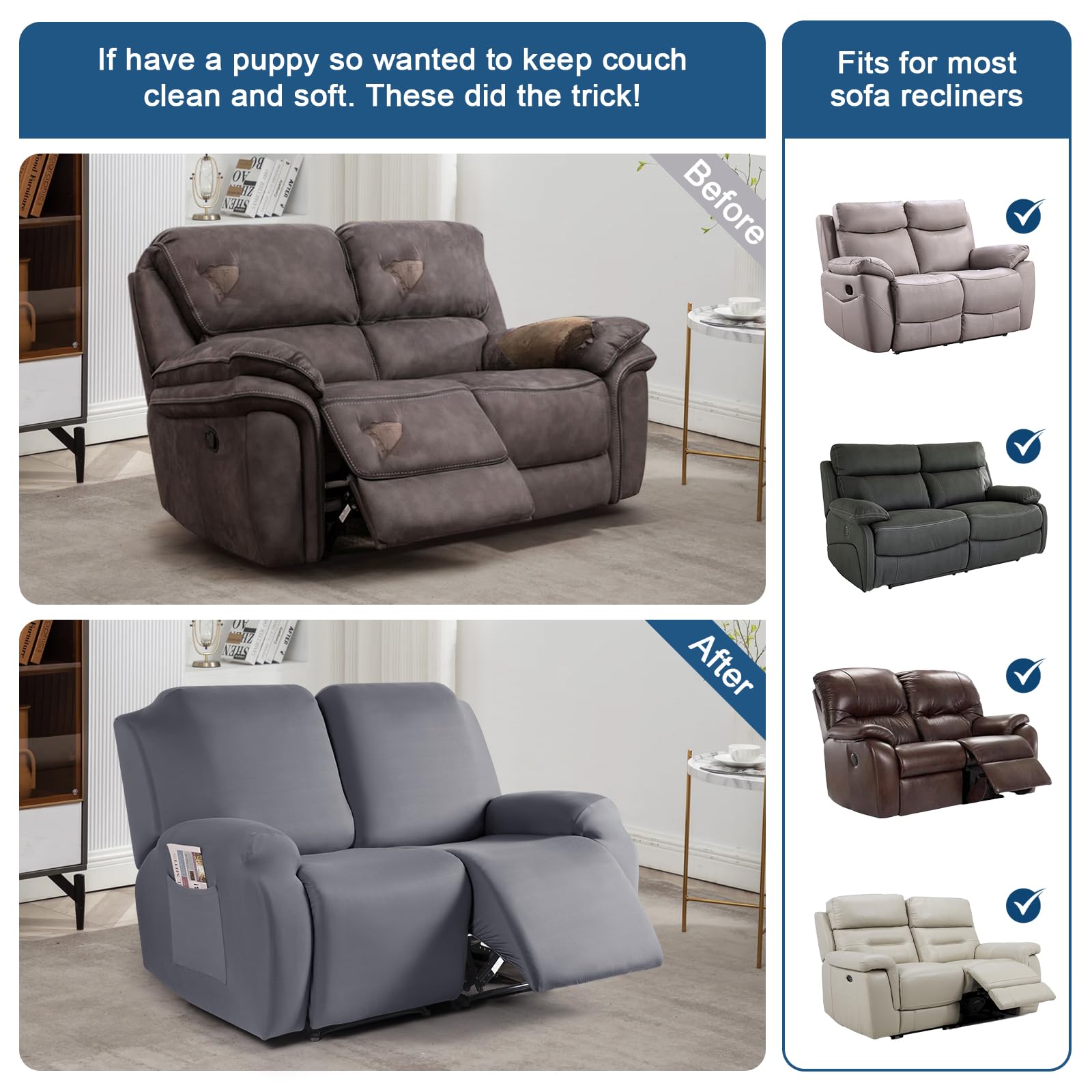 Taococo Recliner Loveseat Slipcover, 2 Pieces Polyester Fabric Stretch Sofa Covers For 2 Seat Reclining Couch, Soft Washable Fur