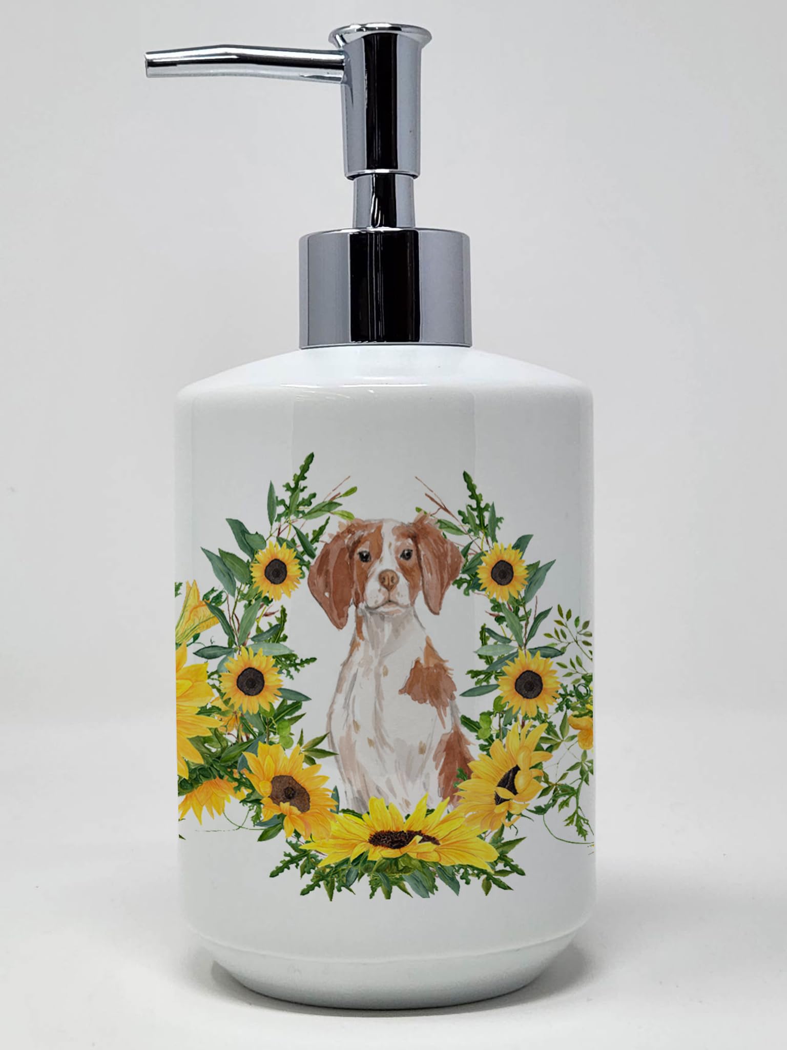 Caroline's Treasures CK2922SOAP Brittany Spaniel in Sunflowers Ceramic Soap Dispenser Hand Soap Dispenser Pump Bottles for Bathr