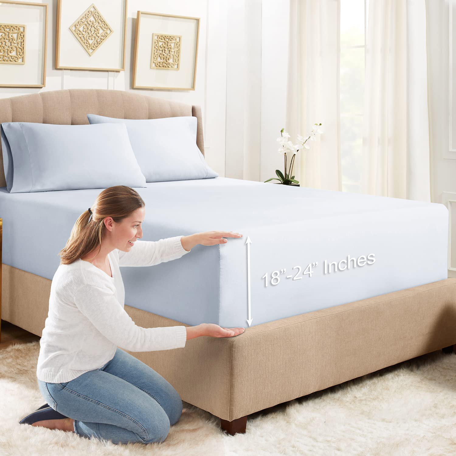 Empyrean Bedding Extra Deep Fitted Sheets California King Size, 3 Piece Set - Ice Blue, 24 ' Deep Pockets, 2 Pillowcases