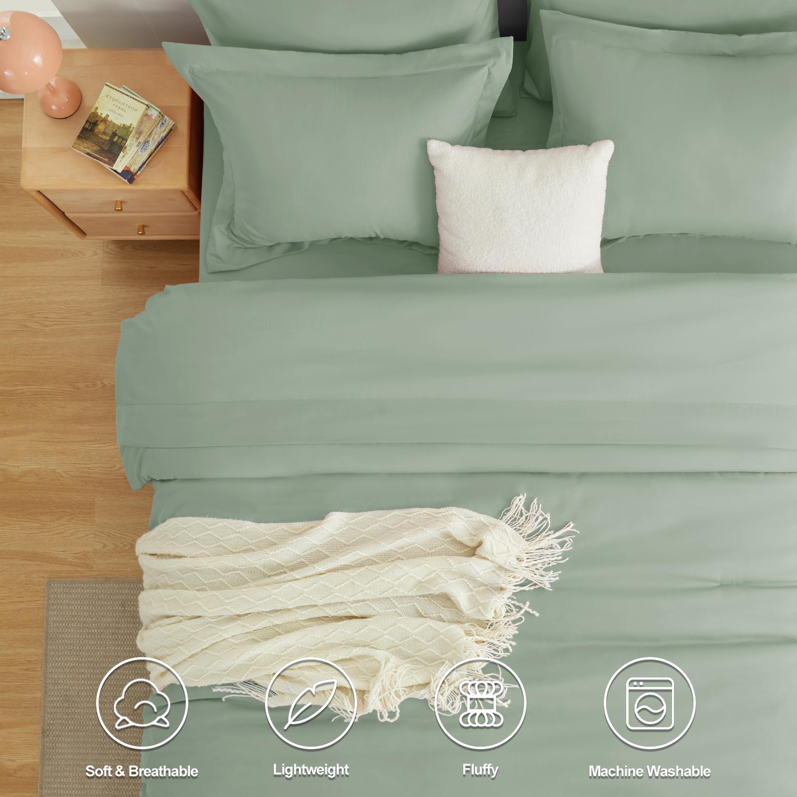 Cozylux Full Comforter Set Sage Green, 7 Pieces Bed In A Bag, Bedding Comforter Set With Sheets, All Season Boho 7Pc Bed Sets With Comforter, Fitted Sheets, Flat Sheets, Pillow Shams And Pillowcases
