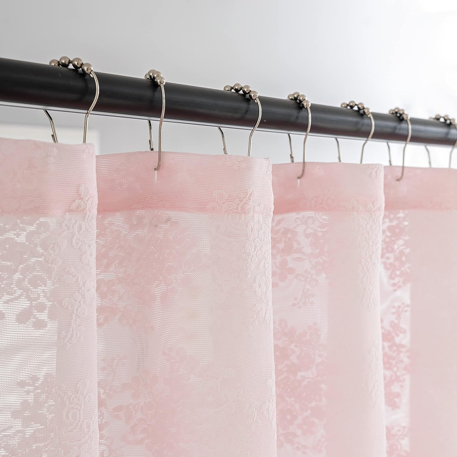 Tudeco Pink Long Shower Curtain 84 Inches Length With Attached Valance, Spring Floral Lace Shower Curtain For Bathroom Cute Girl