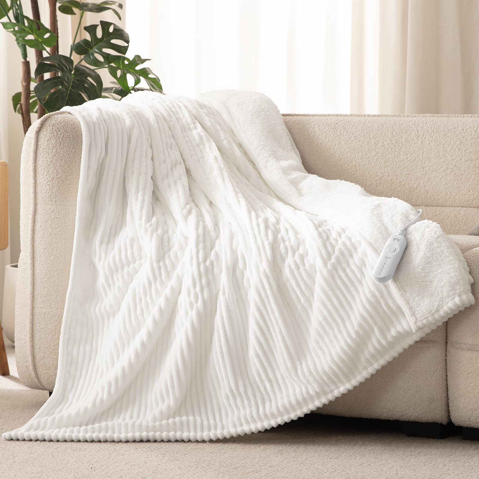 Reaks Electric Heated Throw Blanket, Silky Soft Flannel & Sherpa Heating Blanket Throw with 5 Heat Levels & 3 Hours Auto Off, Wa