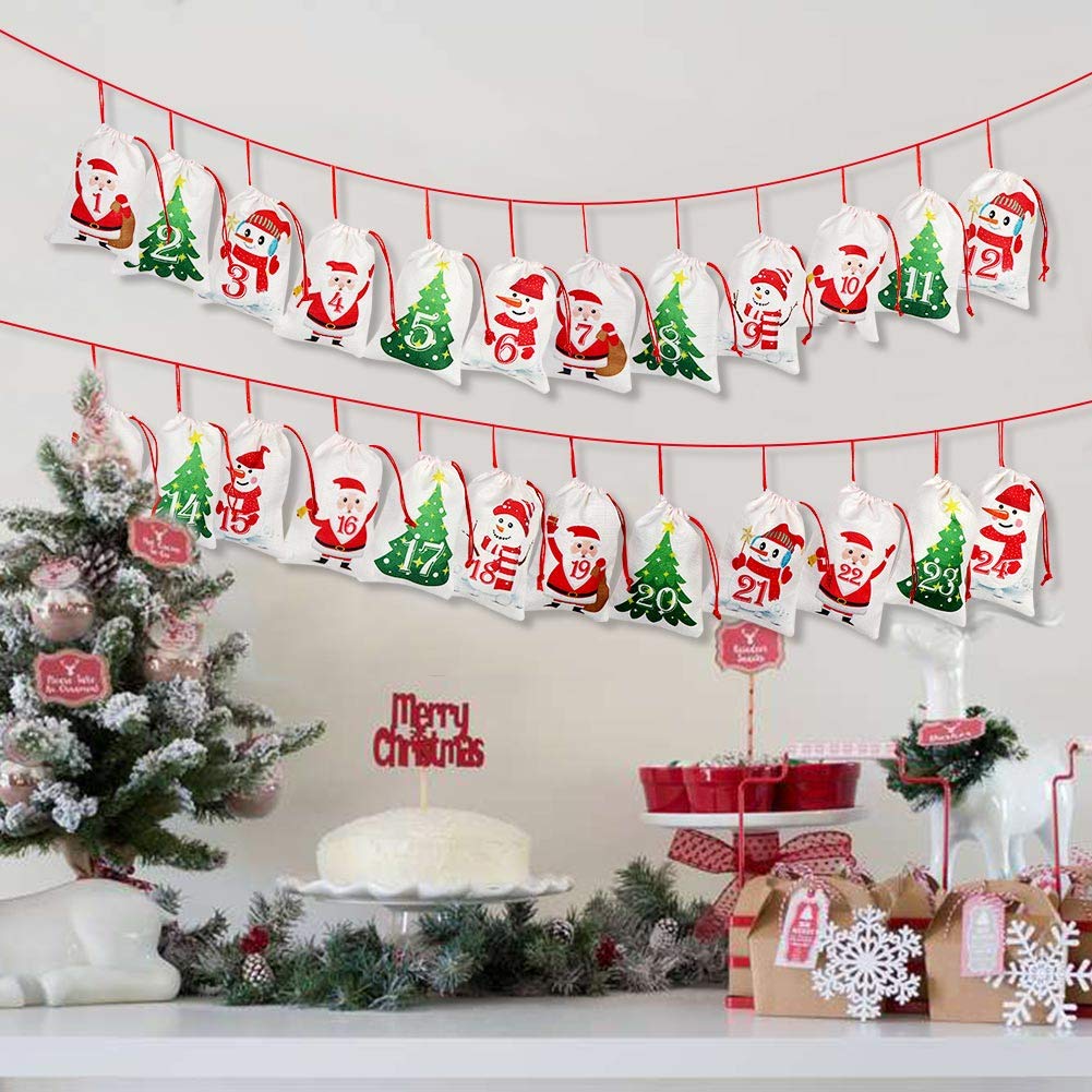 Ourwarm Christmas Advent Calendar 2024 Decorations, 24 Days Dimity Burlap Gift Bags Favors For Christms Toys Home Decor (6.3' X