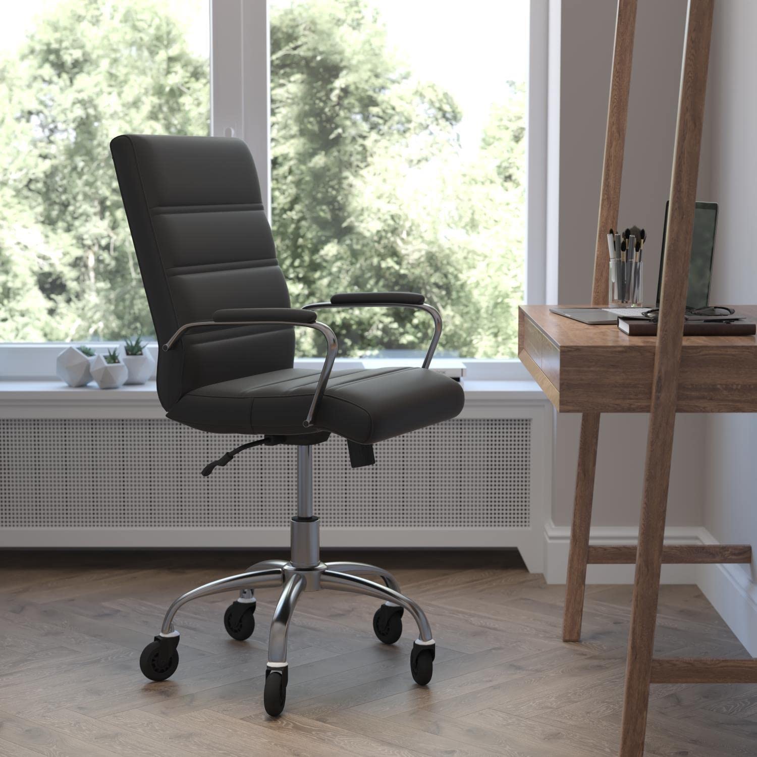 Flash Furniture Camilia Mid-Back Executive Swivel Office Chair With Chrome Frame, Arms, And Transparent Roller Wheels, 24&Quot;, Black Leathersoft