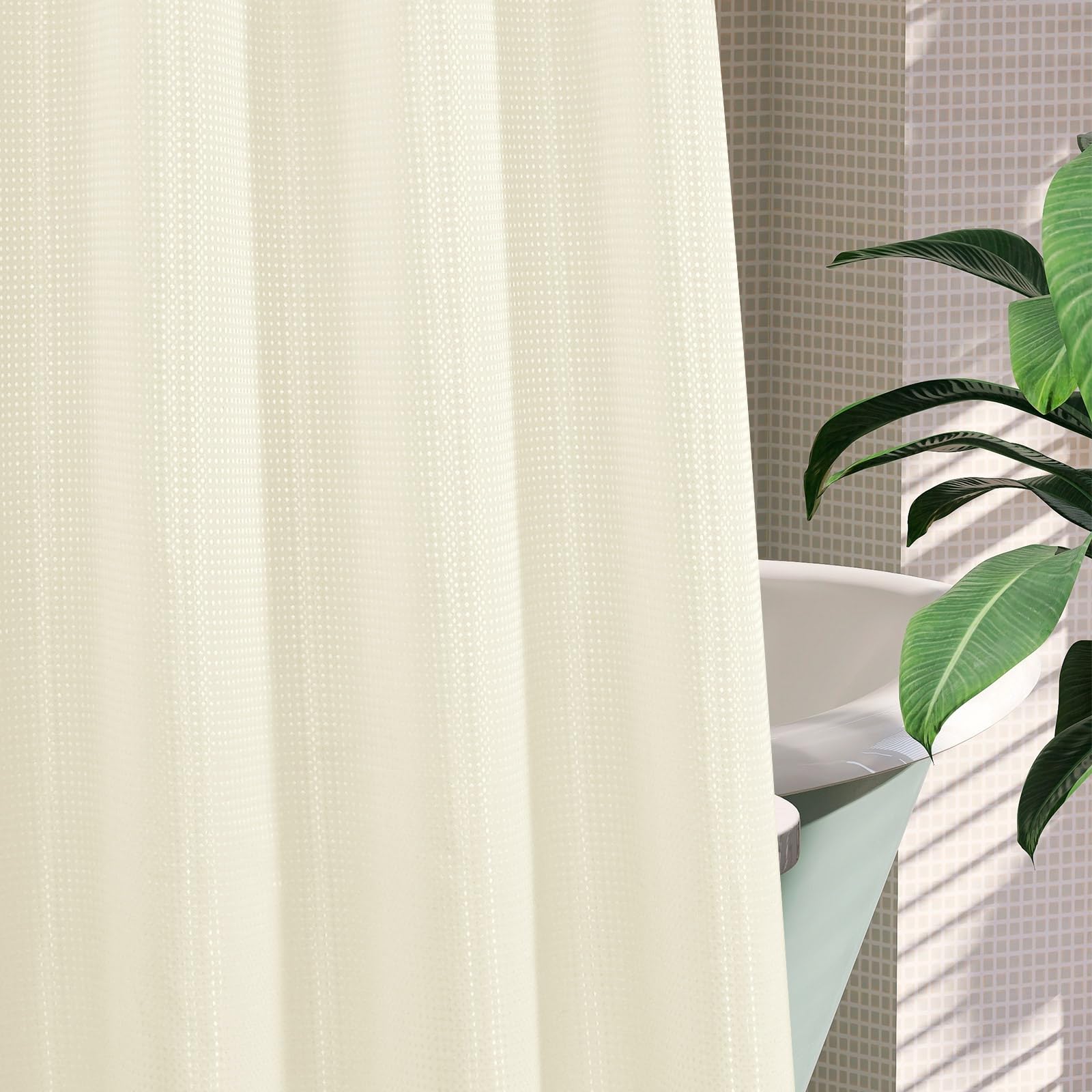 Mitovilla Ivory Waffle Small Stall Shower Curtain 36 X 74, No Hooks Required Half Size Narrow Fabric Cloth Shower Curtain Set Wi