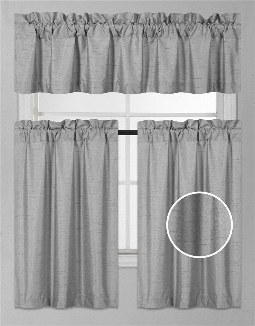 3Pc Set Solid Faux Silk Lined Blackout Rod Pocket Small Kitchen Window Curtain With Valance (K3) (Silver Gray)