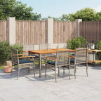 vidaXL Patio Dining Set with Cushions - 7-Piece Gray Poly Rattan, Acacia Wood Table 55.1"x31.5"x29.5", 6 Chairs with Navy Blue Removable Covers - Garden, Patio, Backyard Outdoor Furniture