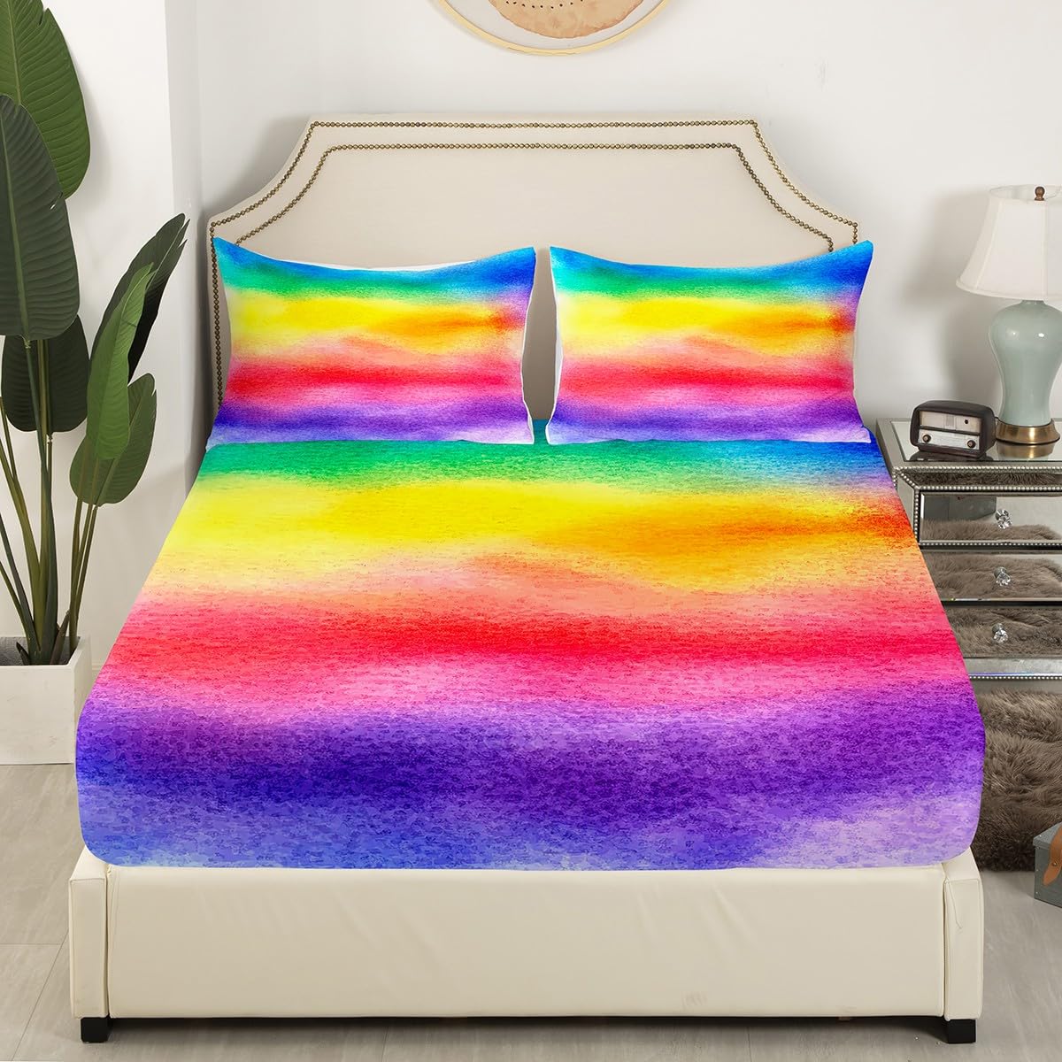 Feelyou Twin Sheet Set For Kids Girls Rainbow Stripe Bright Watercolor Soft Kids Bedding Set, 1 Flat Sheet,1 Deep Pocket Fitted Sheet, And 1 Pillow Case, Breathable, Teens Children Bedroom Decor