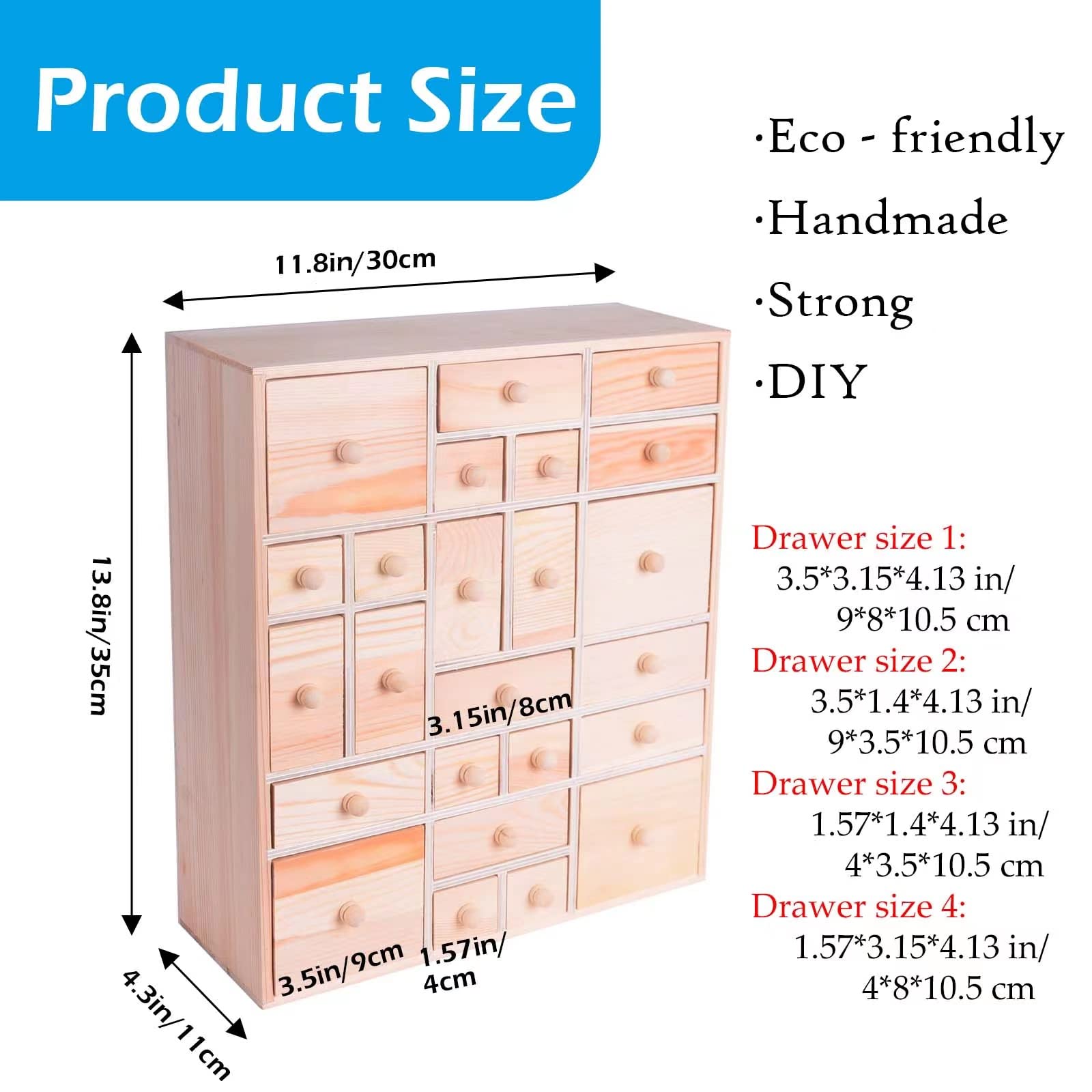 Gkesgm Wooden Countdown Advent Calendar with 24 Drawers, 14in x 12in x 4.3in, White, Unfinished Craft Storage Organizer, Model ZAO-001