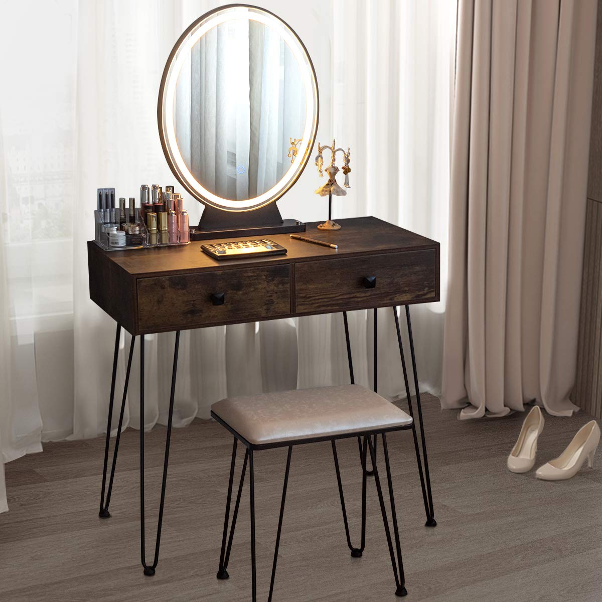 Charmaid Makeup Vanity Table With Lighted Mirror, 3 Lighting Sets, Adjustable Brightness, 2 Large Drawers, Acrylic Storage Boxes, Girls Bedroom Dressing Table Vanity Set With Stool (Rustic Brown)