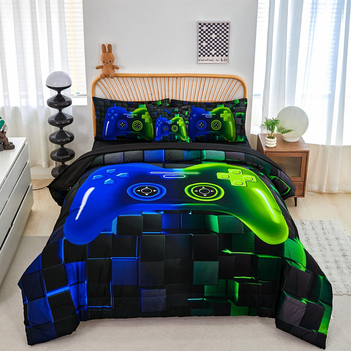 Perfemet Gamer Comforter Queen Set 6 Pieces Blue And Green Game Console Boys Bedding Set With Sheets Soft Fluffy 3D Video Game B