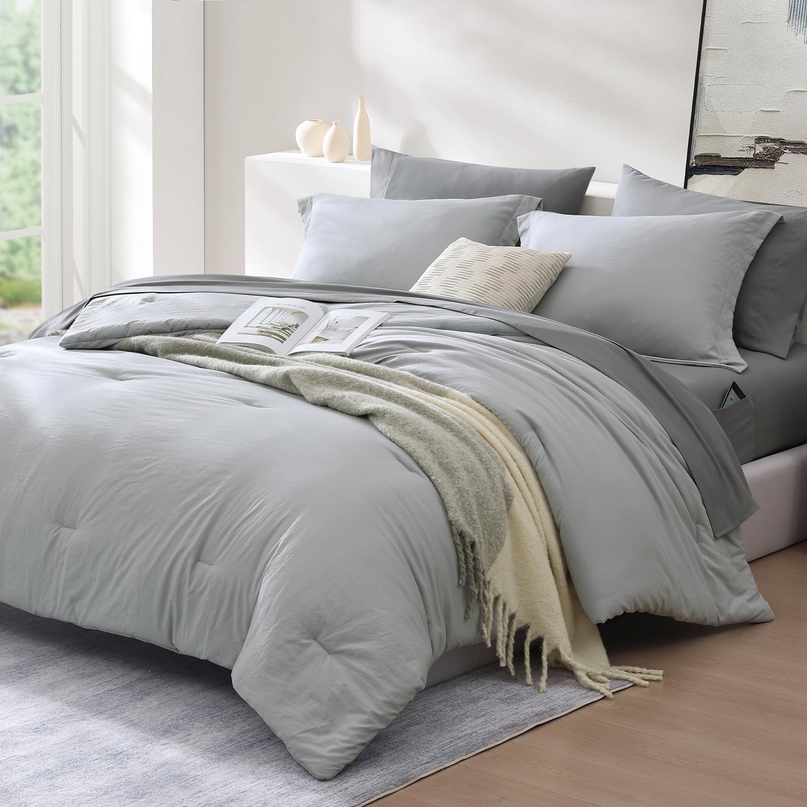 Wrensonge Light Grey Full Size Comforter, 7 Pieces Soft Full Size Comforter Sets- Full Comforter Fitted Sheet, Flat Sheet, 2 Pil