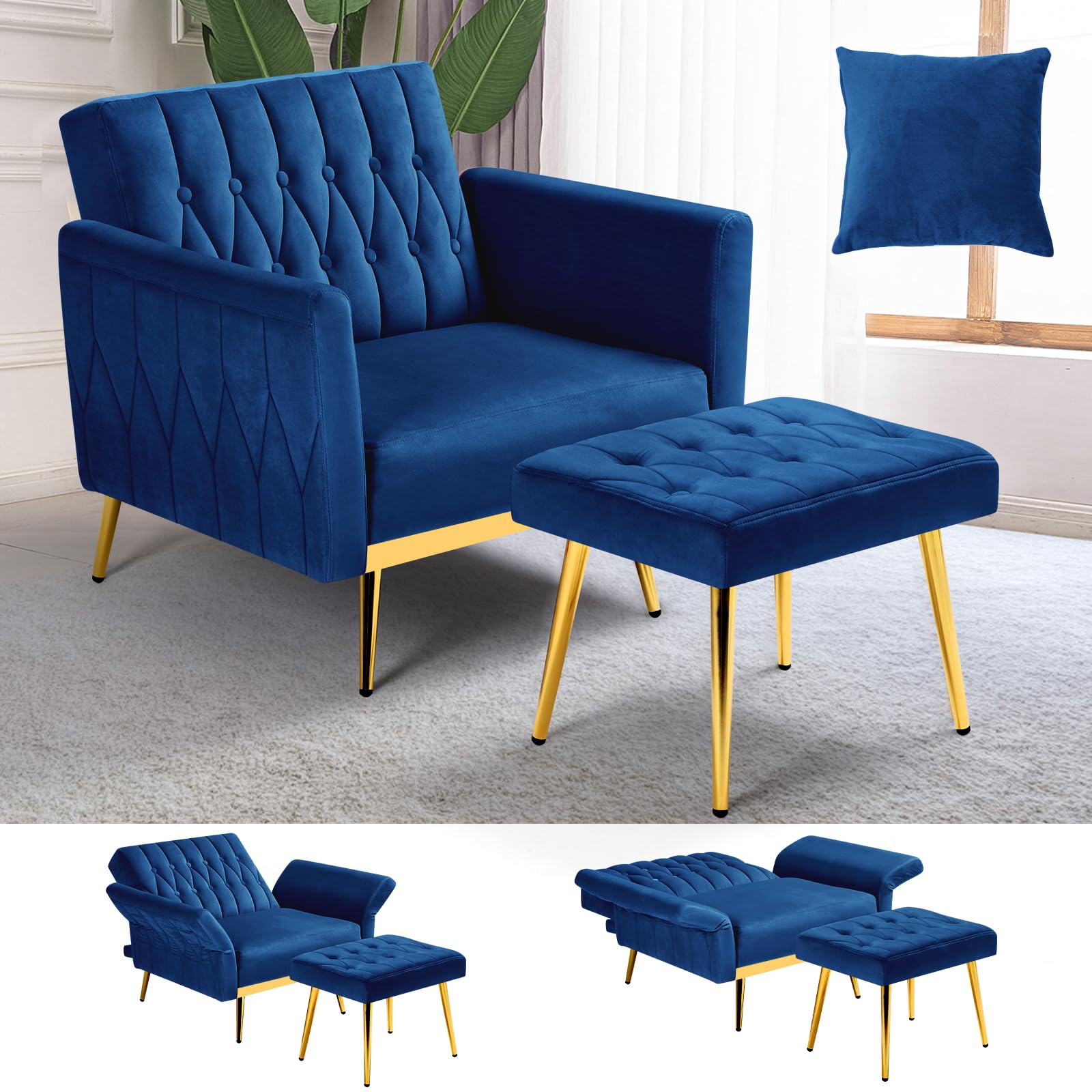 ACMEASE Velvet Accent Chair with Adjustable Armrests and Backrest, Button Tufted Lounge Chair, Single Recliner Armchair with Ott