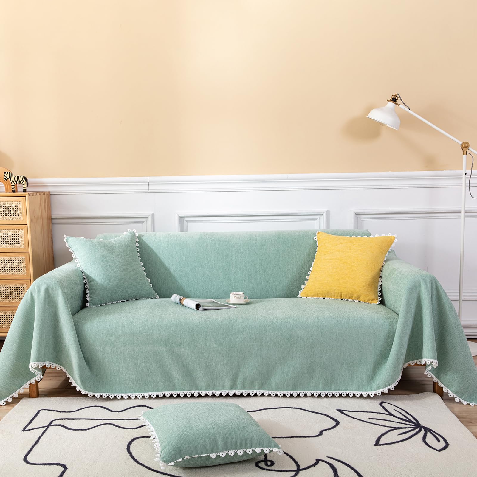 Handontime Couch Covers For Sectional Sofa L Shape Light Green Cute Sofa Covers Chenille Pet Couch Cover With Lace Sectional Couch Cover For Dogs, Dog Couch Cover Protector Machine Washable, 71' X150'