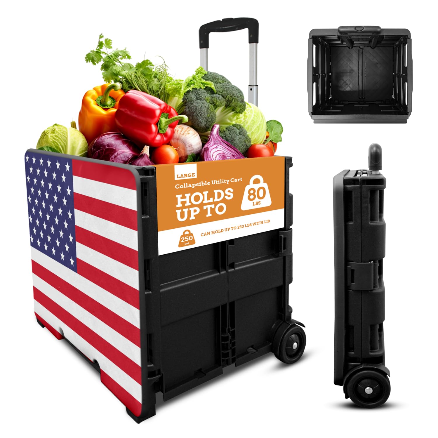 Inspired Living Collapsible Ultra-Slim Pack-N-Roll,2 Wheel Utility Cart w/Lid Used as Seat up to 250 Lbs, Telescopic Handle, Sup