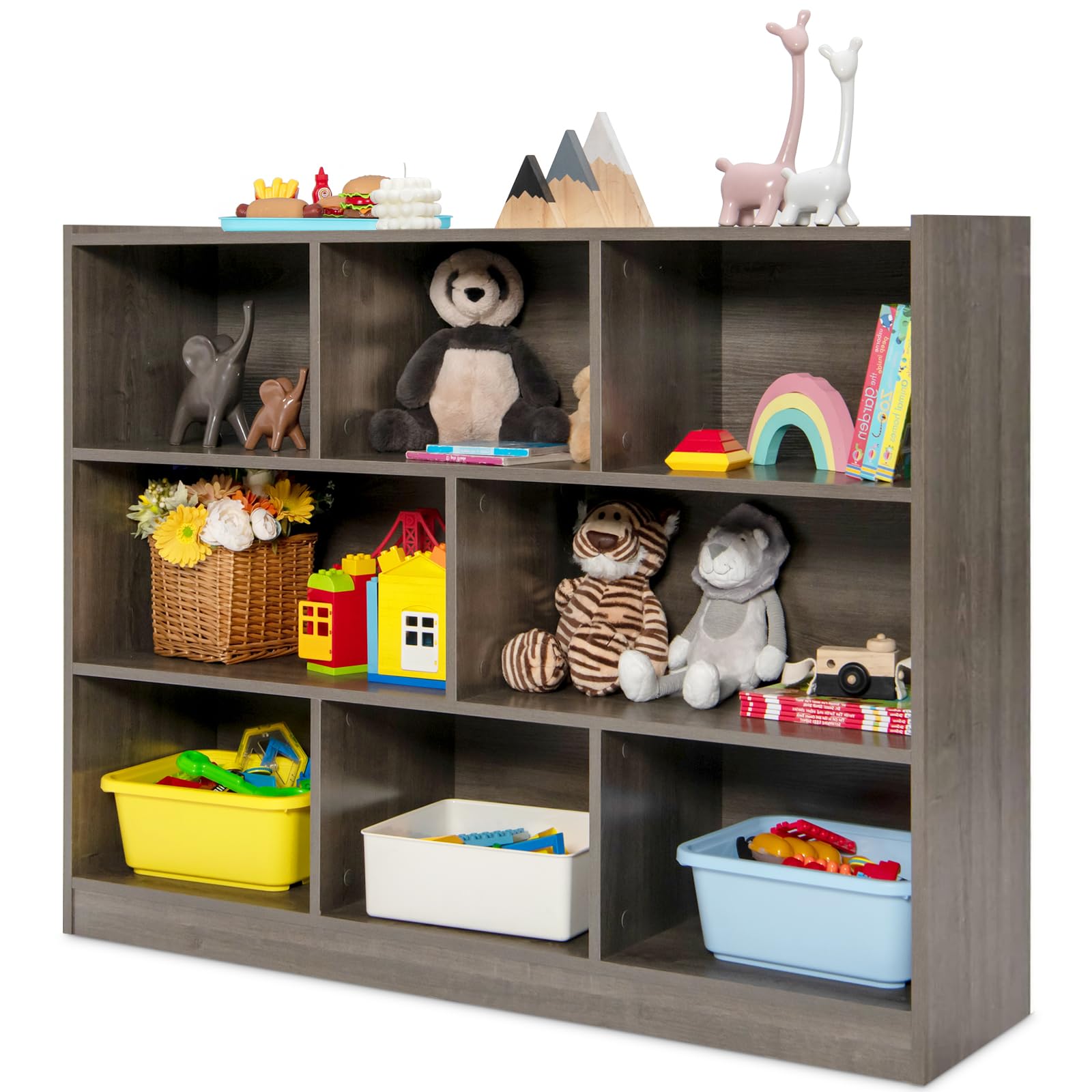 Costzon Kids Toy Organizers And Storage, Wooden 3 Tier Bookshelf With 8 Compartment Cubes To Organize Books, Toys, Home Furniture For Toddlers Playroom, Bedroom, Living Room, Nursery (Grey)