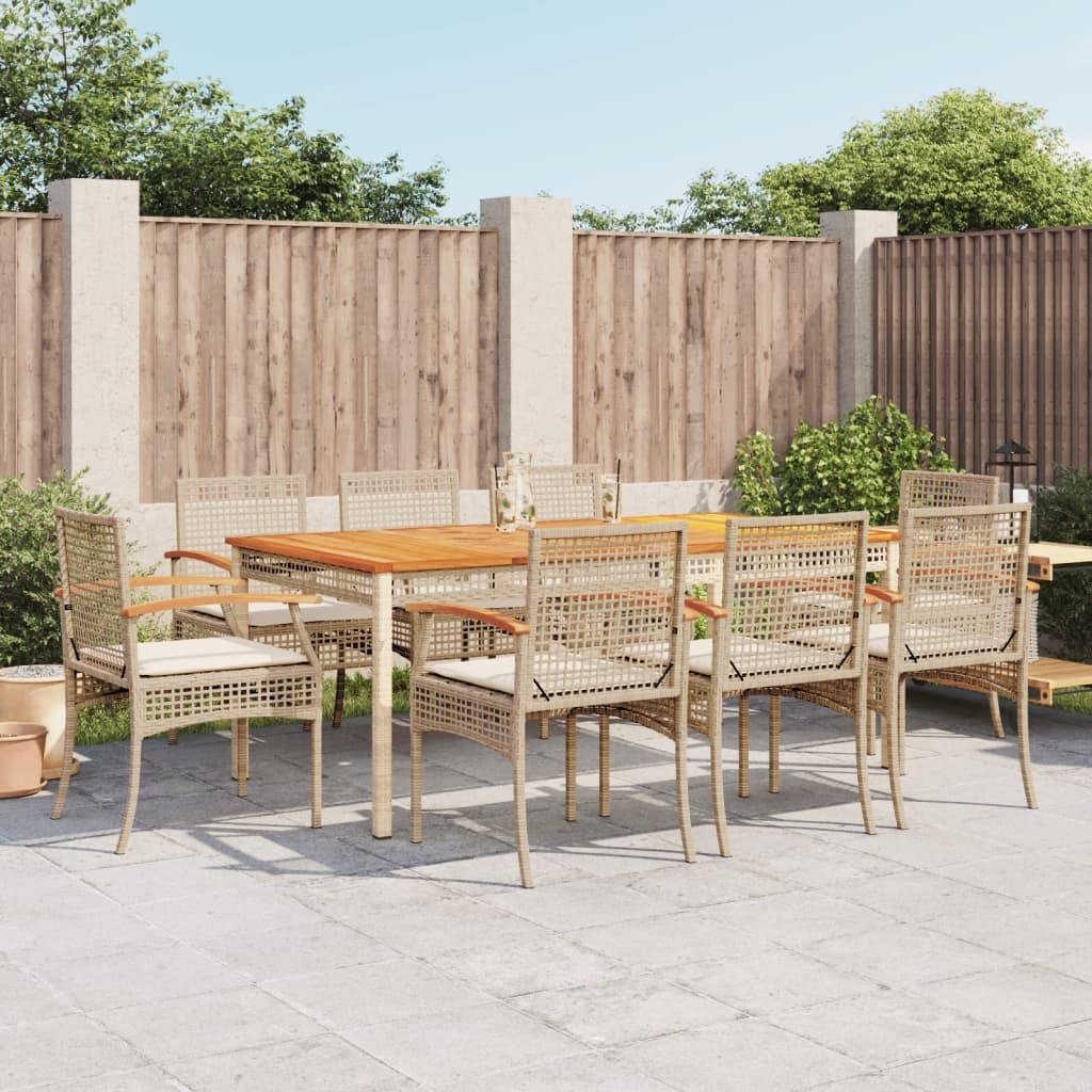 vidaXL Patio Dining Set with Cushions - 9 Piece Beige Poly Rattan Outdoor Furniture for Garden, Backyard, Patio - Includes Table & 8 Chairs