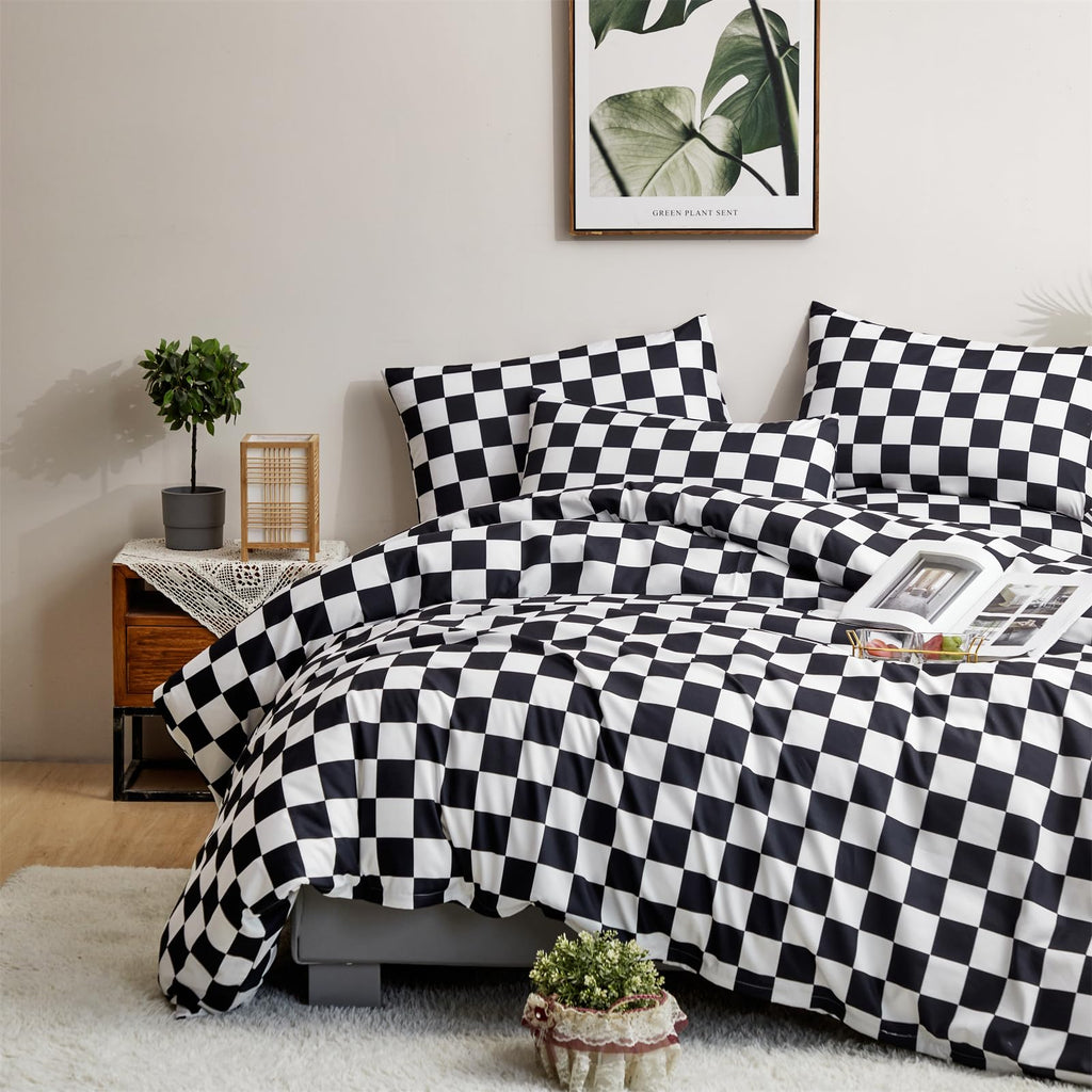 Clothknow Black Plaid King Comforter Set 3Pcs Black White Grid Bedding Comforter Sets Checker Comforter Soft Black And White King Size Comforter Sets
