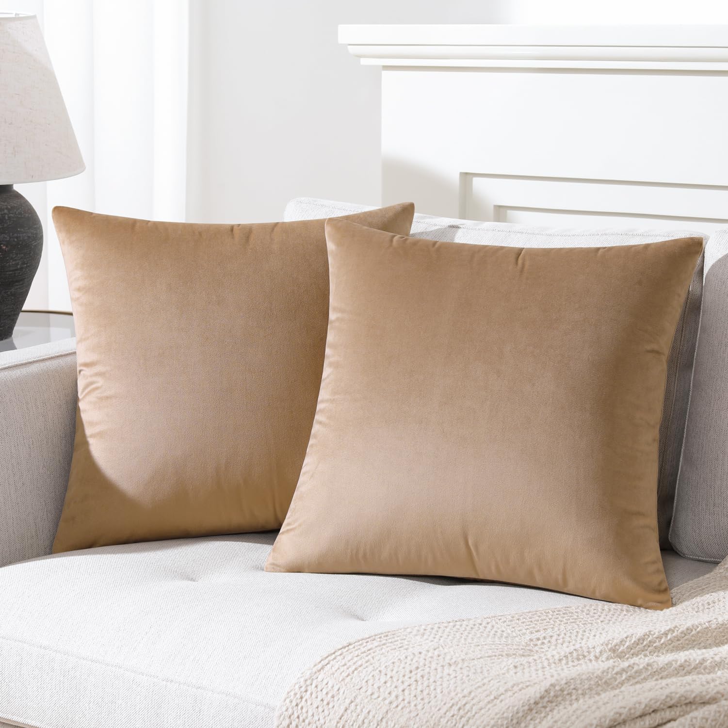 Mixhug Set Of 2 Cozy Velvet Square Decorative Throw Pillow Covers For Couch And Bed, Tan, 18 X 18 Inches