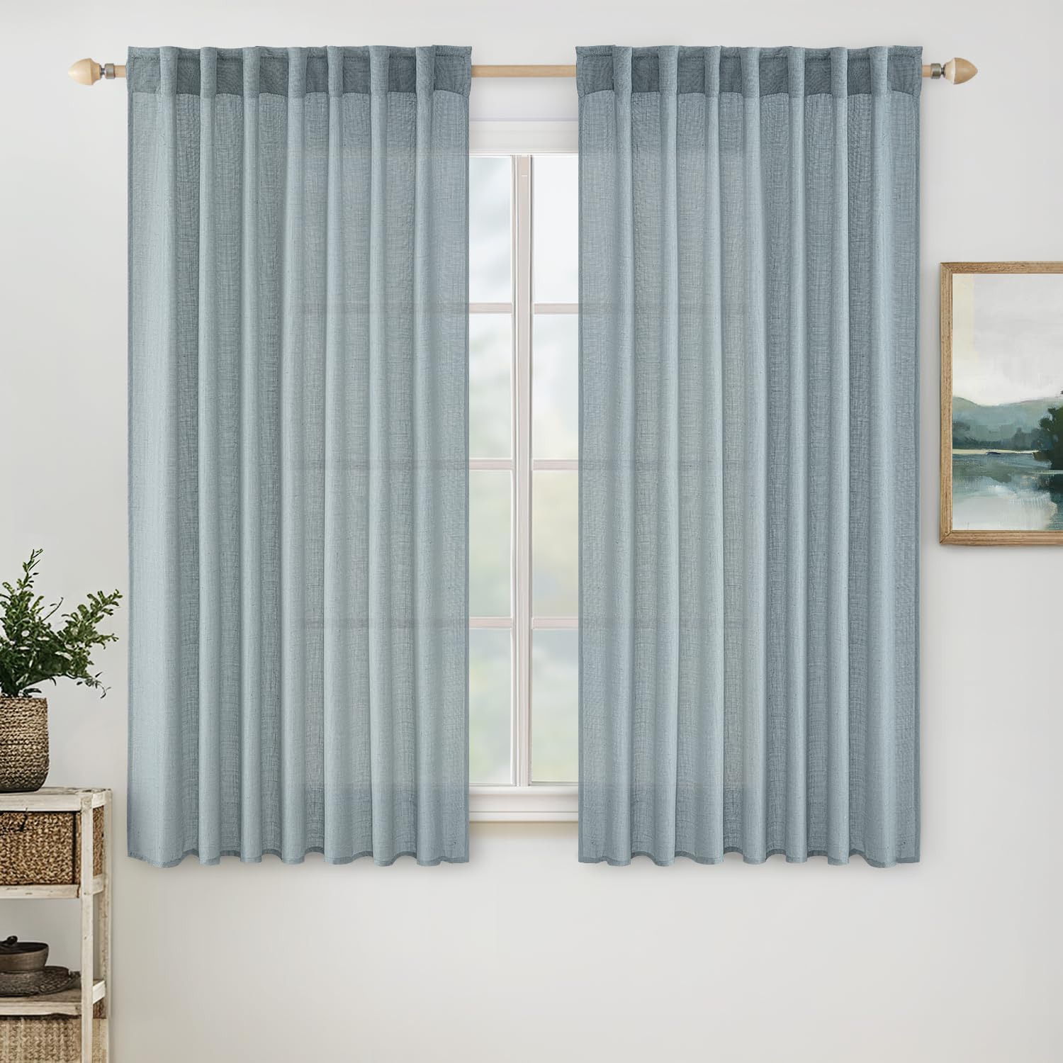 Miulee Dusty Blue Linen Curtains 63 Inch Length 2 Panels For Bedroom Living Room, Soft Thick Linen Textured Window Drapes Semi Sheer Light Filtering Back Tab Rod Pocket Burlap Look Decor