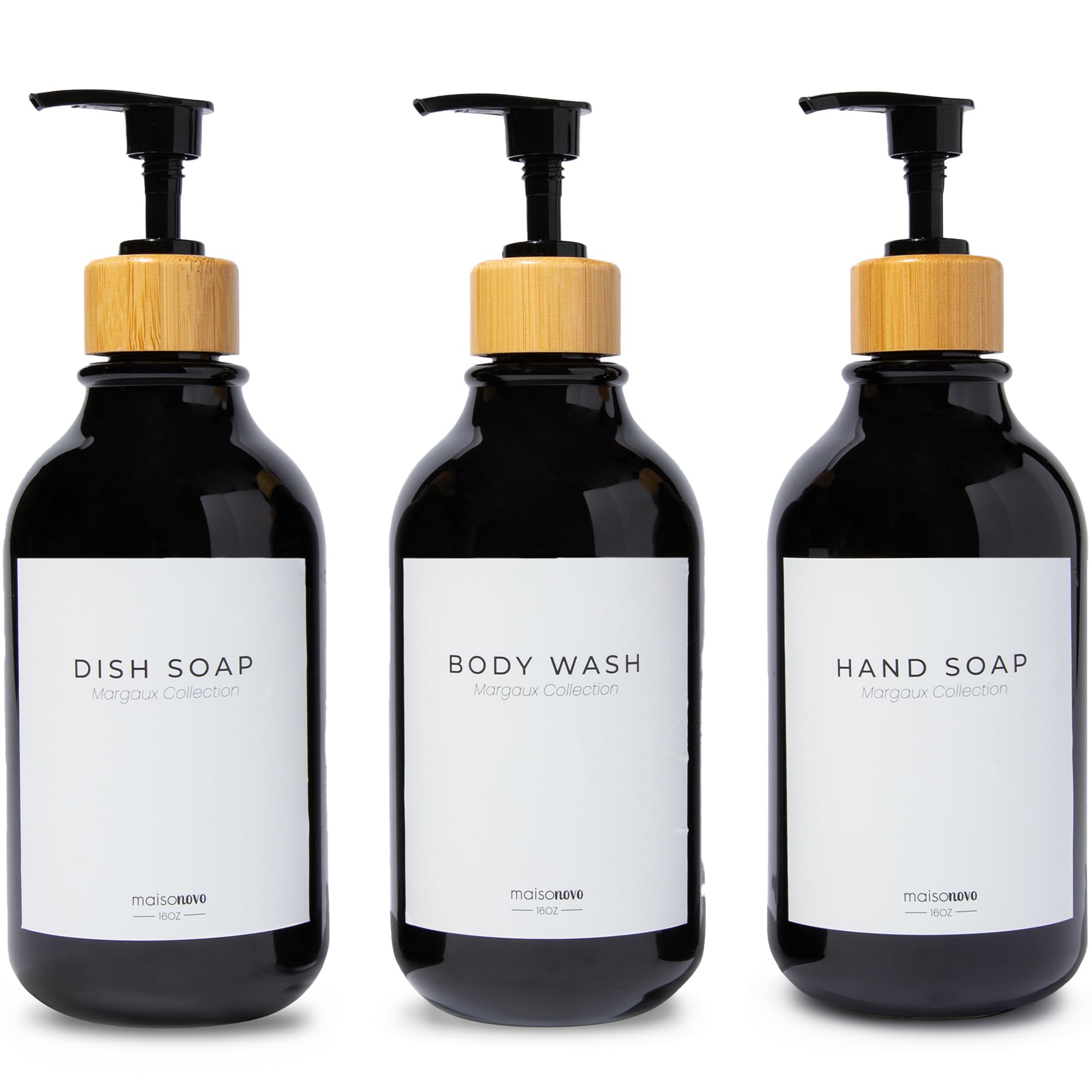 MaisoNovo Refillable Shampoo and Conditioner Bottles | 16.9 fl oz Set of 3 Black Plastic Bottles Black Bamboo Pumps