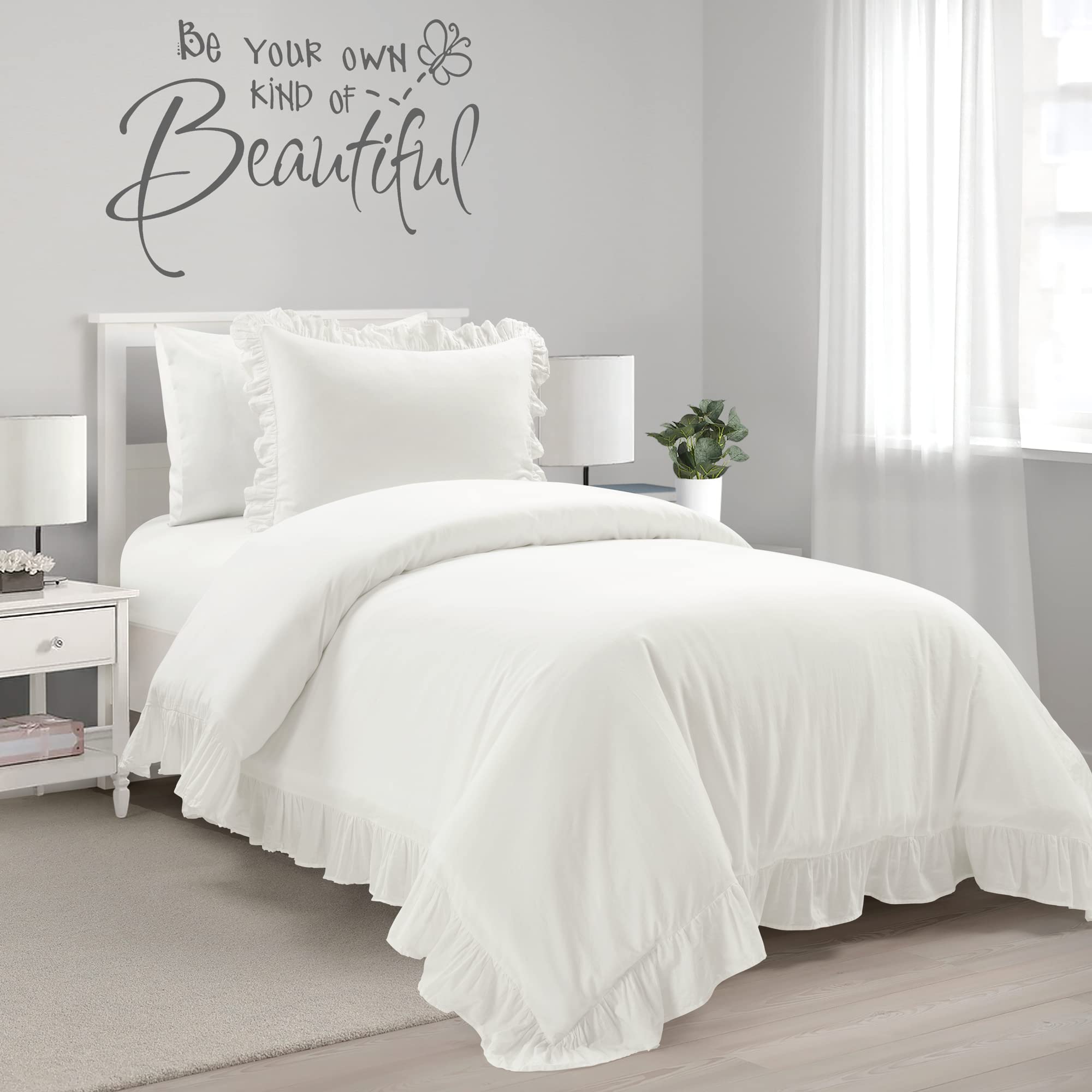 Lush Decor Reyna Ruffle 100% Cotton Duvet Cover Set - 2 Piece Cozy Ruffled Bedding Set - Timeless Elegance And Comfort For Teen