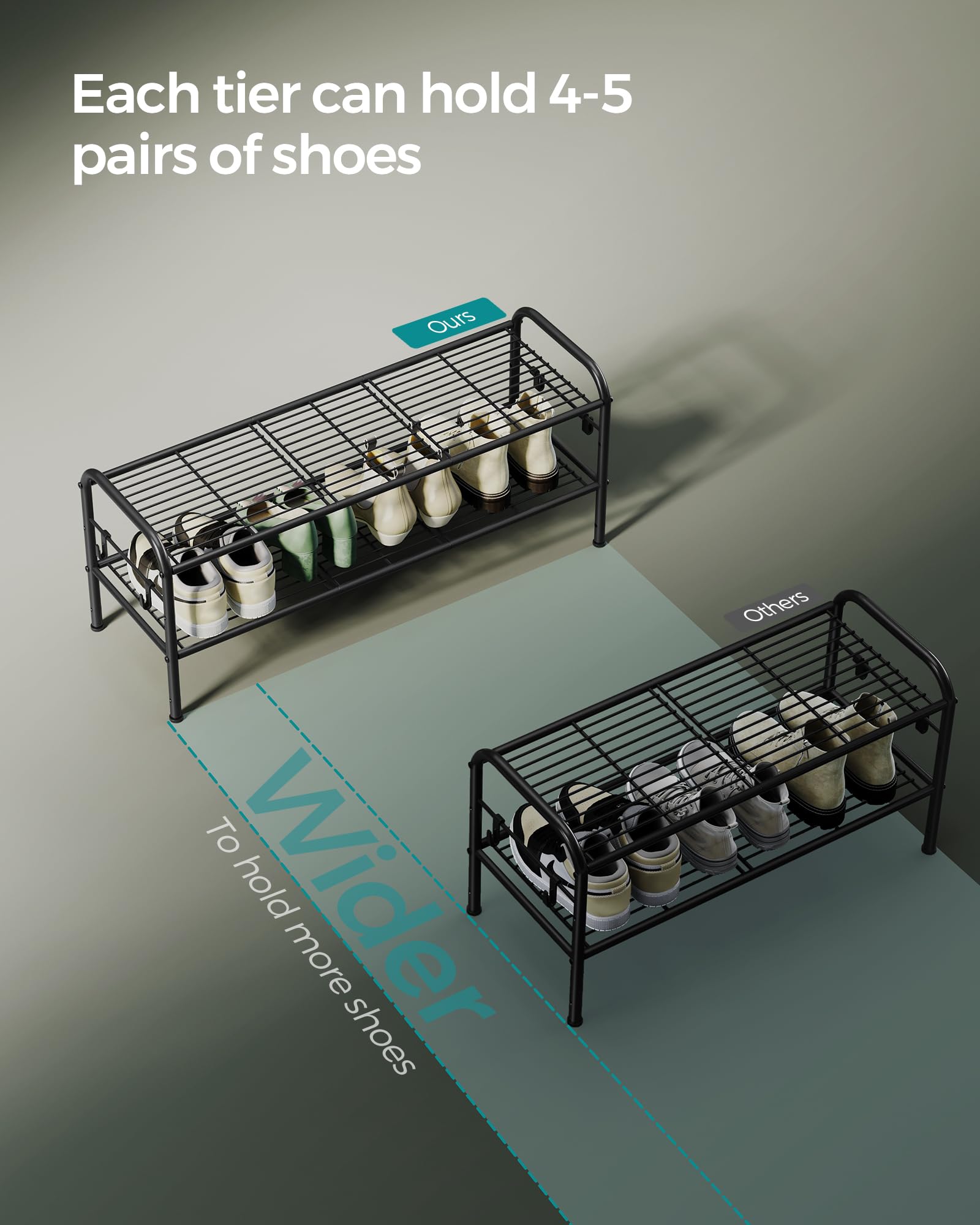 Songmics Shoe Rack, 2-Tier Shoe Organizer, Metal Shoe Shelf Storage With 4 Side Hooks, Holds 10 Pairs Of Shoes, Height-Adjustable Shoe Rack For Entryway, Hallway, Closet, Easy Assembly, Ink Black