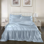Ersmak 7 Pieces Satin Sheets Set Queen Size, Luxury Silky Light Blue Satin Bed Sheets Set With 1 Deep Pocket Fitted Sheet, 1 Sof